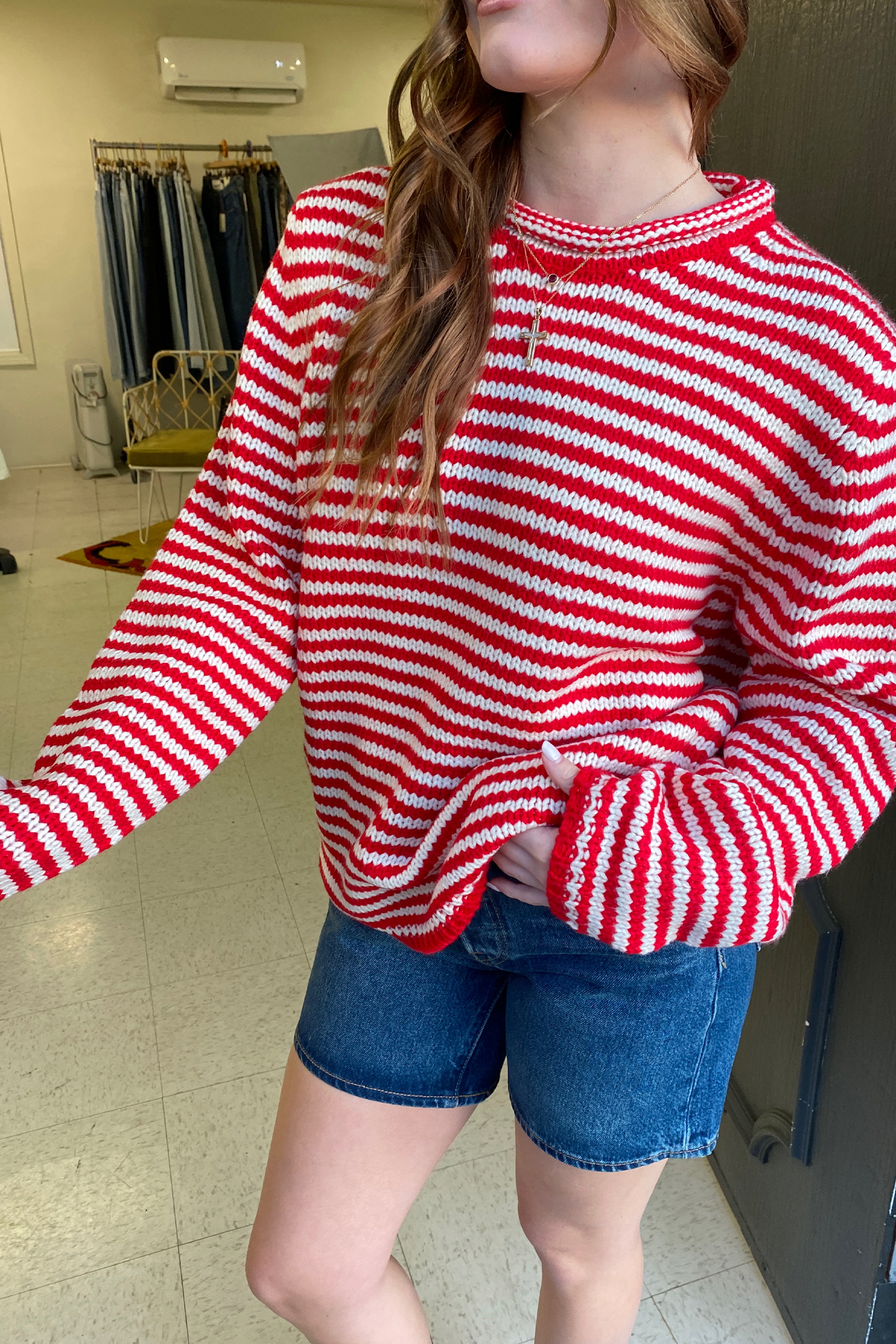 Oversized Crochet Striped Sweater