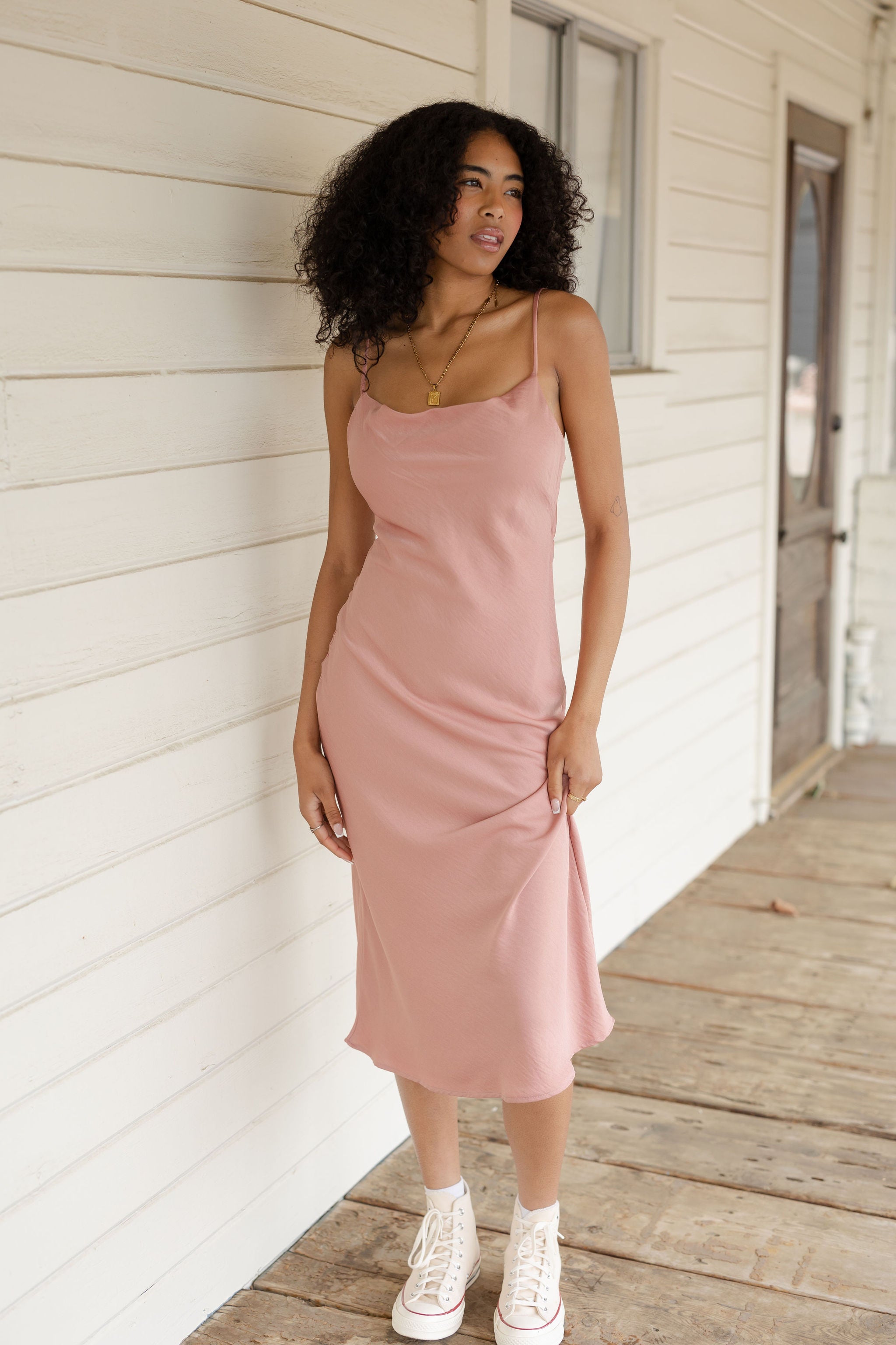 Mauve Cowl Neck Satin Midi Dress