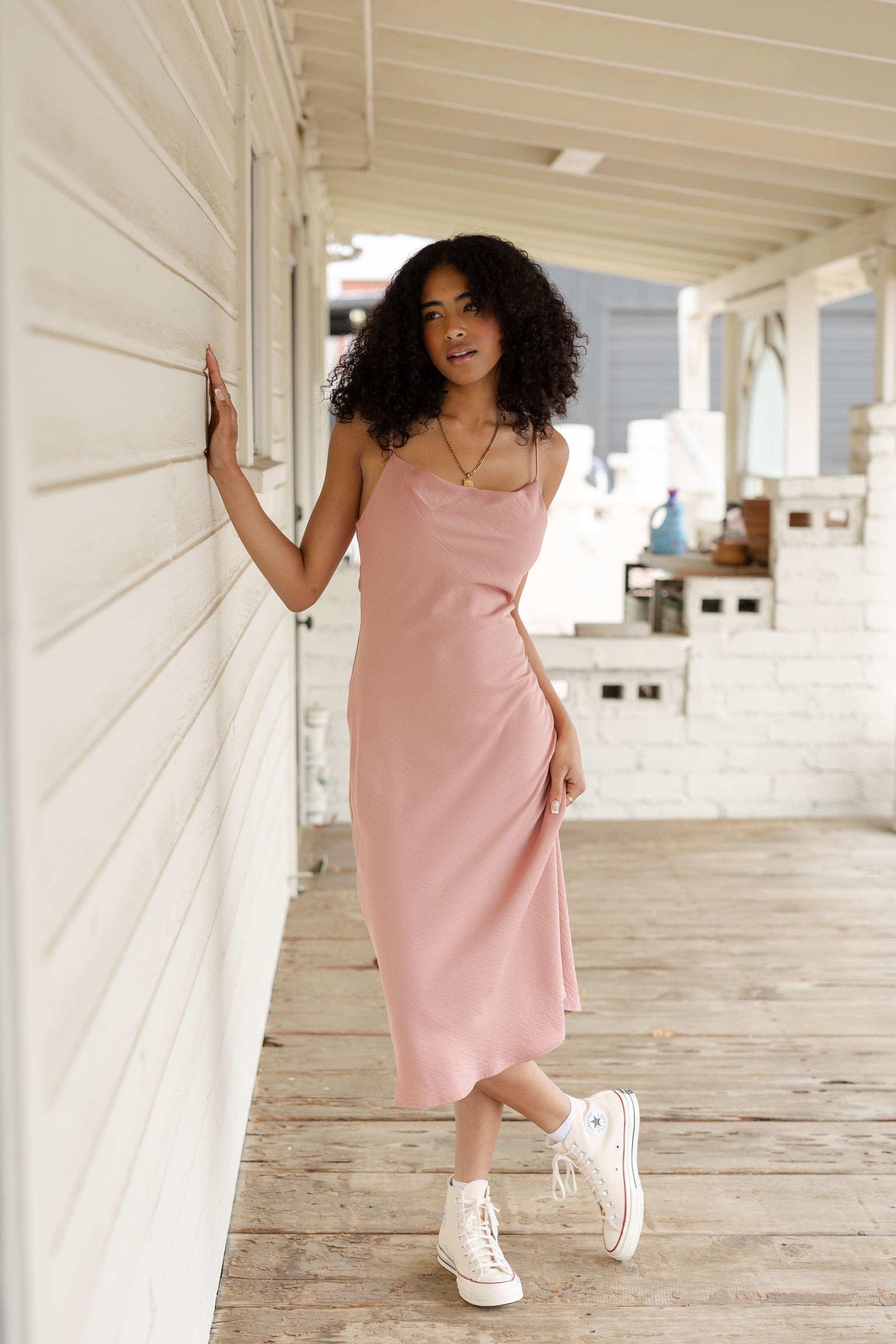 Mauve Cowl Neck Satin Midi Dress