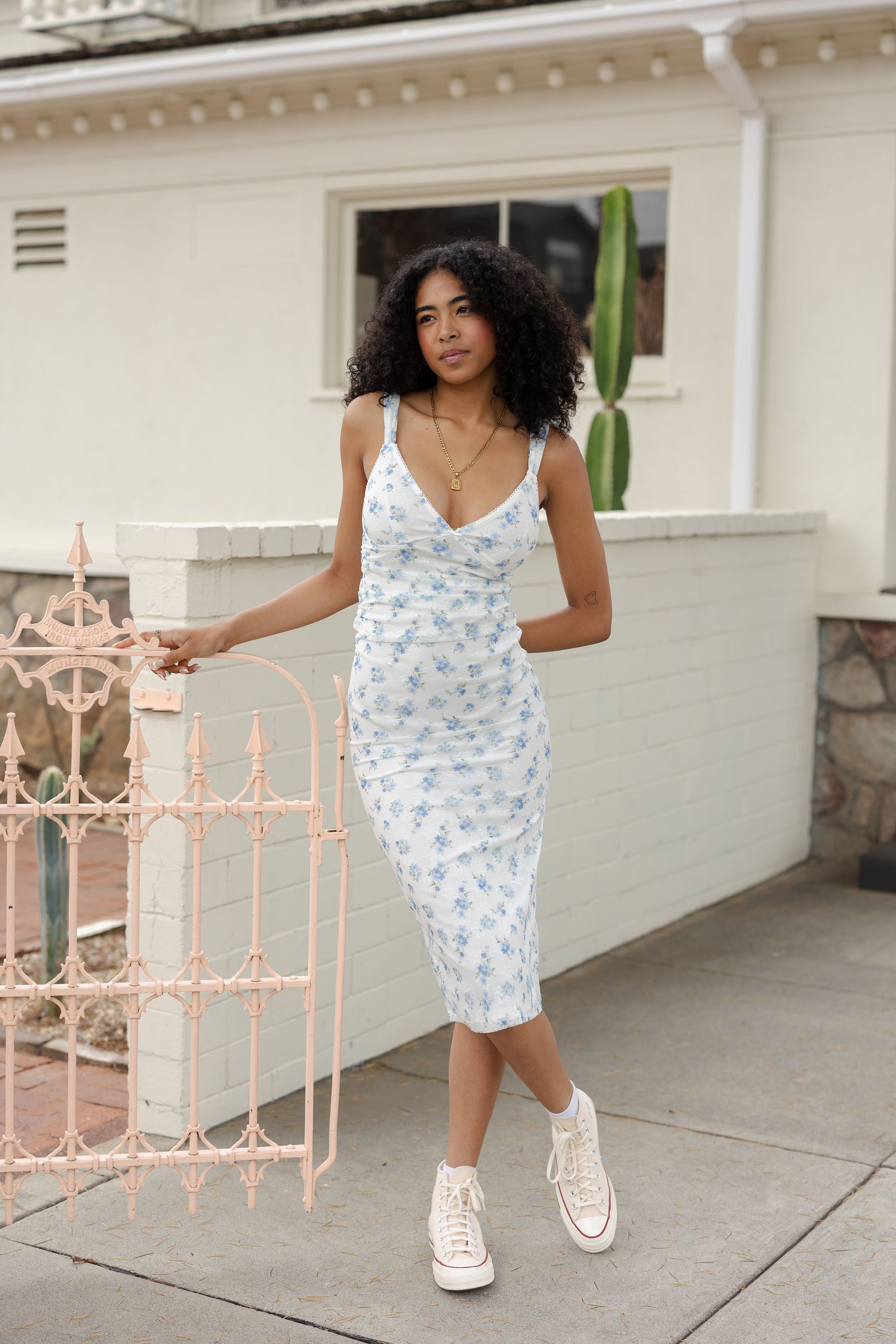 White Blue Floral Mesh Midi Dress