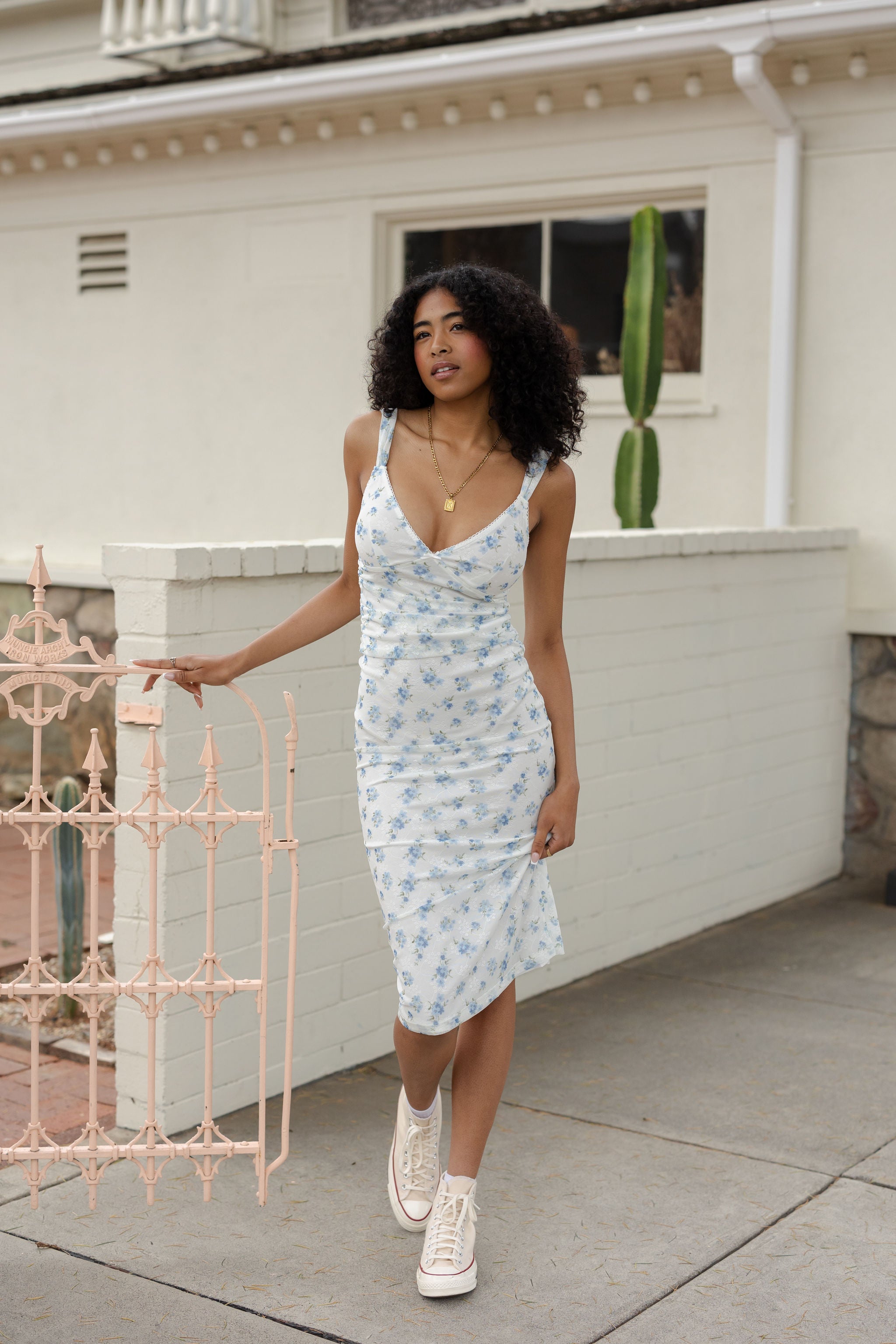 White Blue Floral Mesh Midi Dress