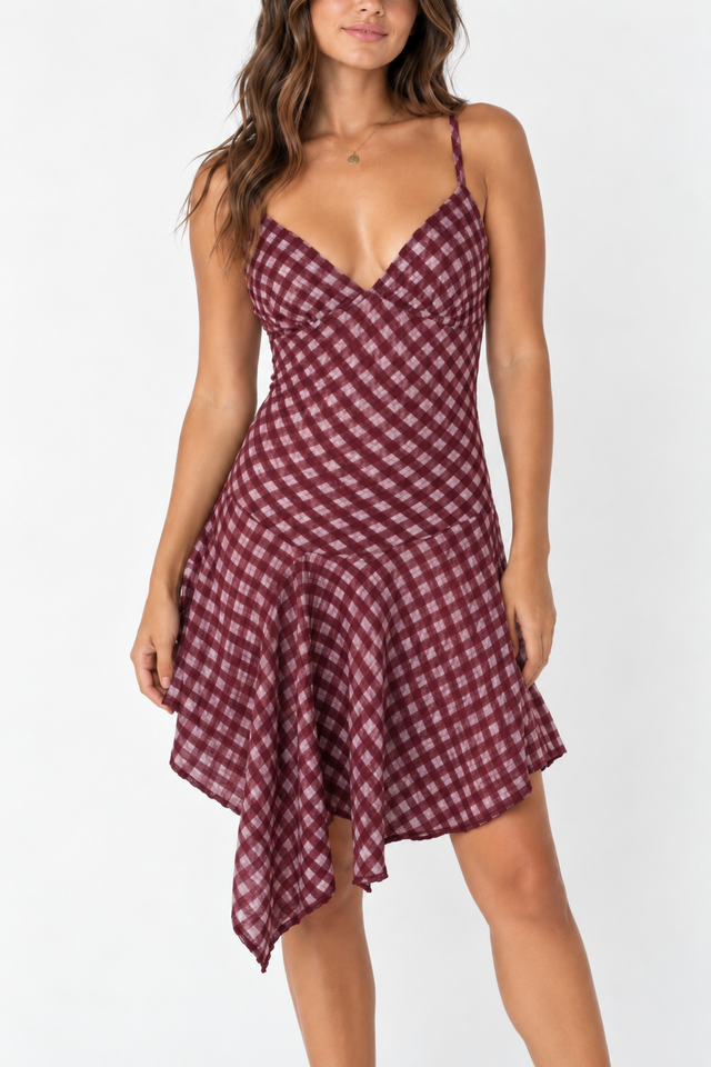 Gingham Handkerchief Hem Mini Dress