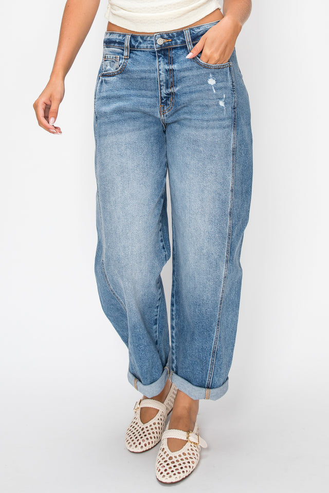 Mid-Rise Barrel Leg Cuffed Jeans