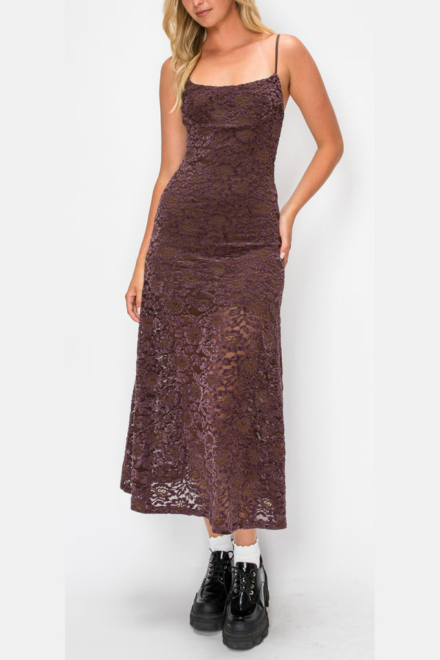Floral Flocked Lace Maxi Dress