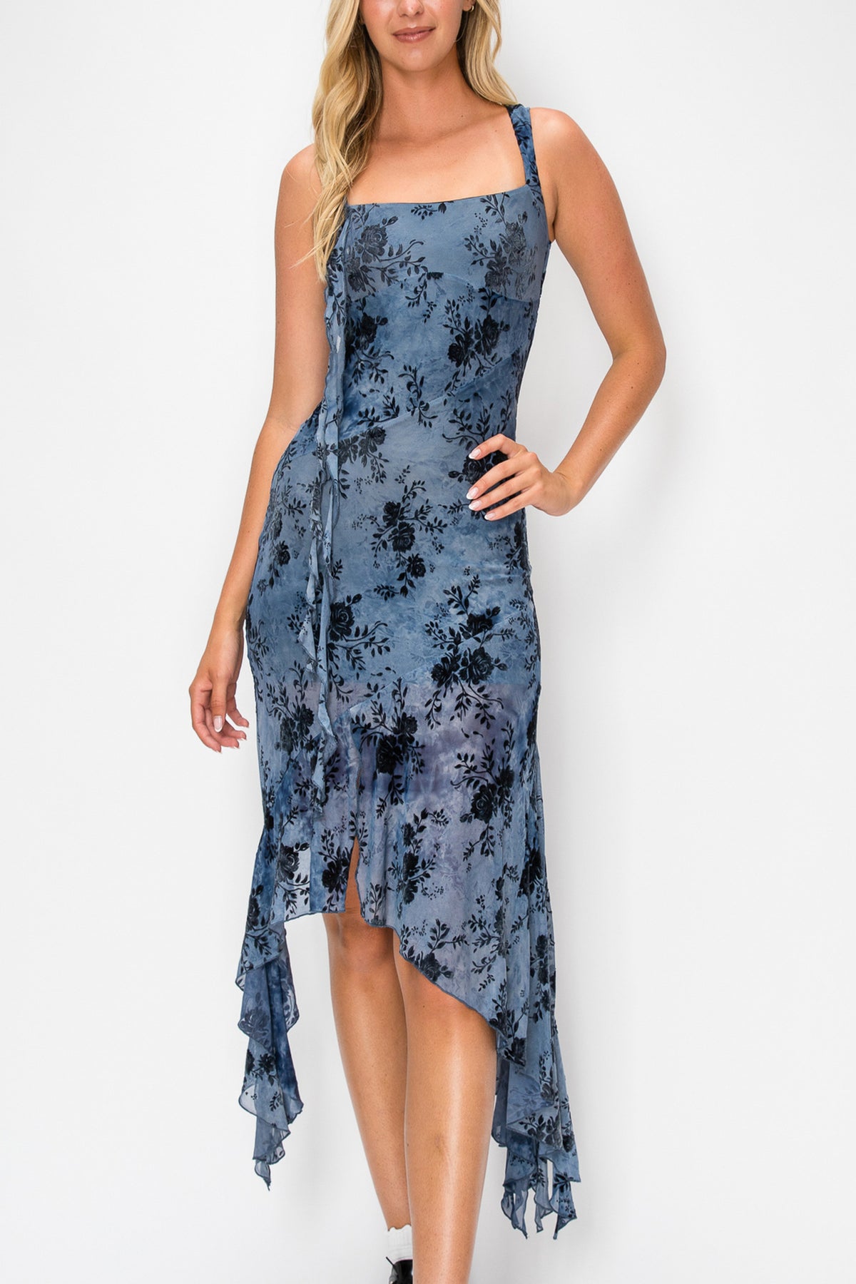 Floral Flocked Handkerchief Dress
