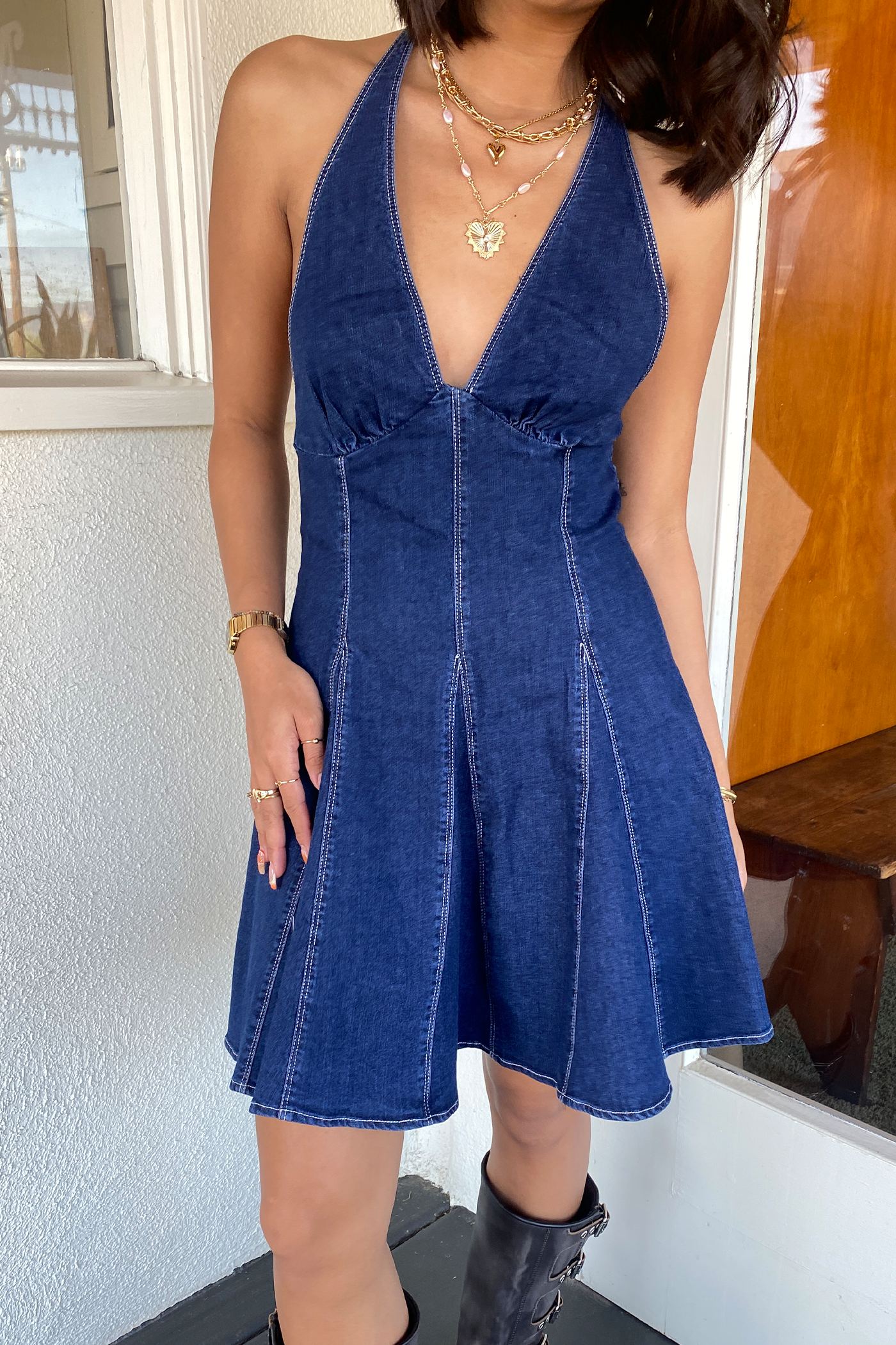 Denim Halter Mini Dress by For Good
