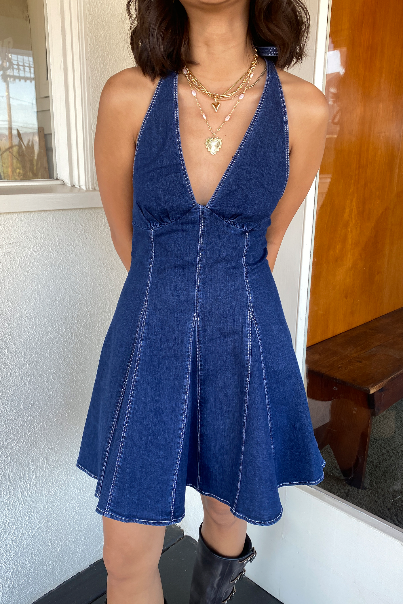 Denim Halter Mini Dress by For Good