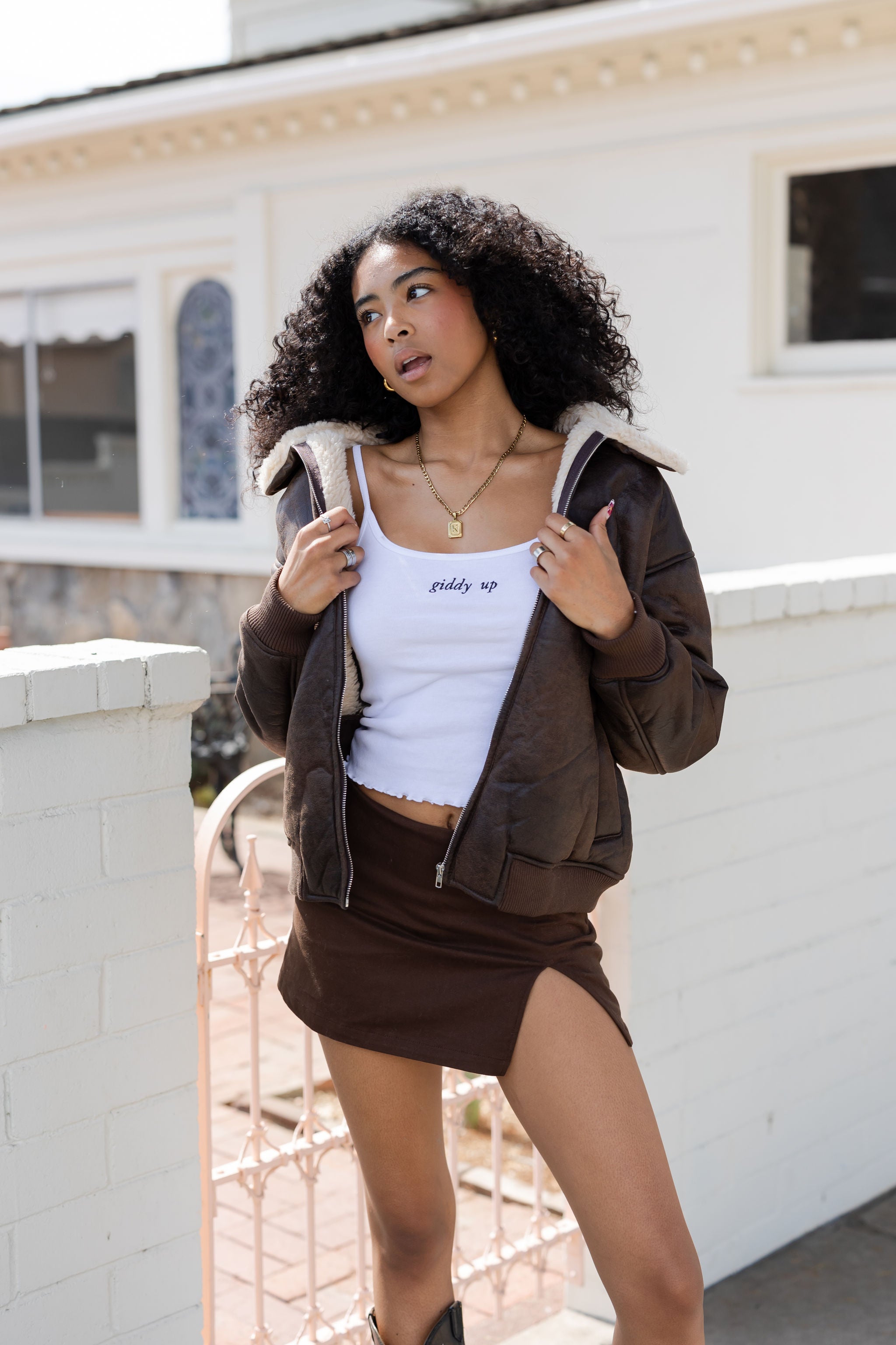 Sherpa Lined Vegan Leather Bomber Jacket