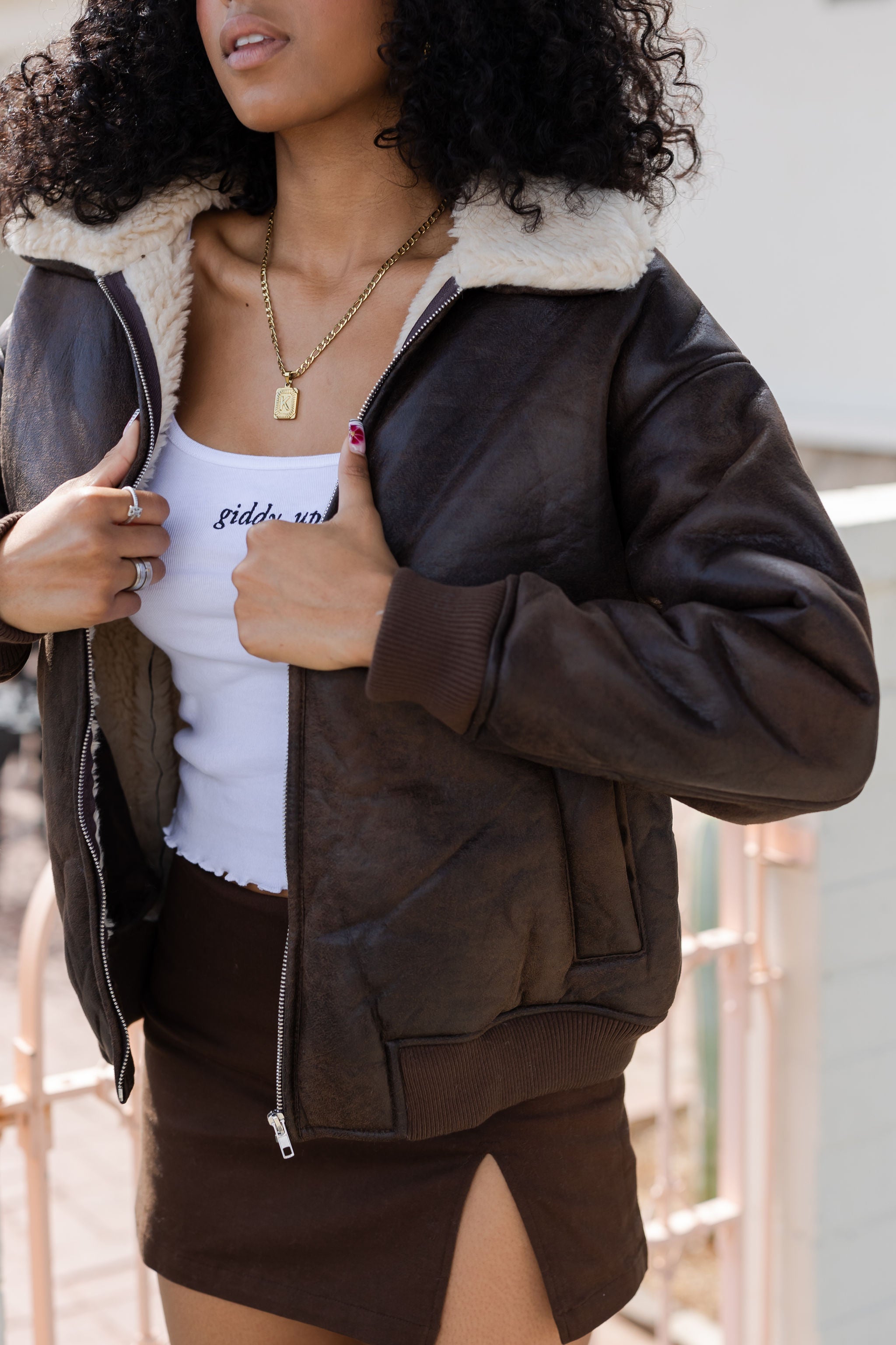 Sherpa Lined Vegan Leather Bomber Jacket