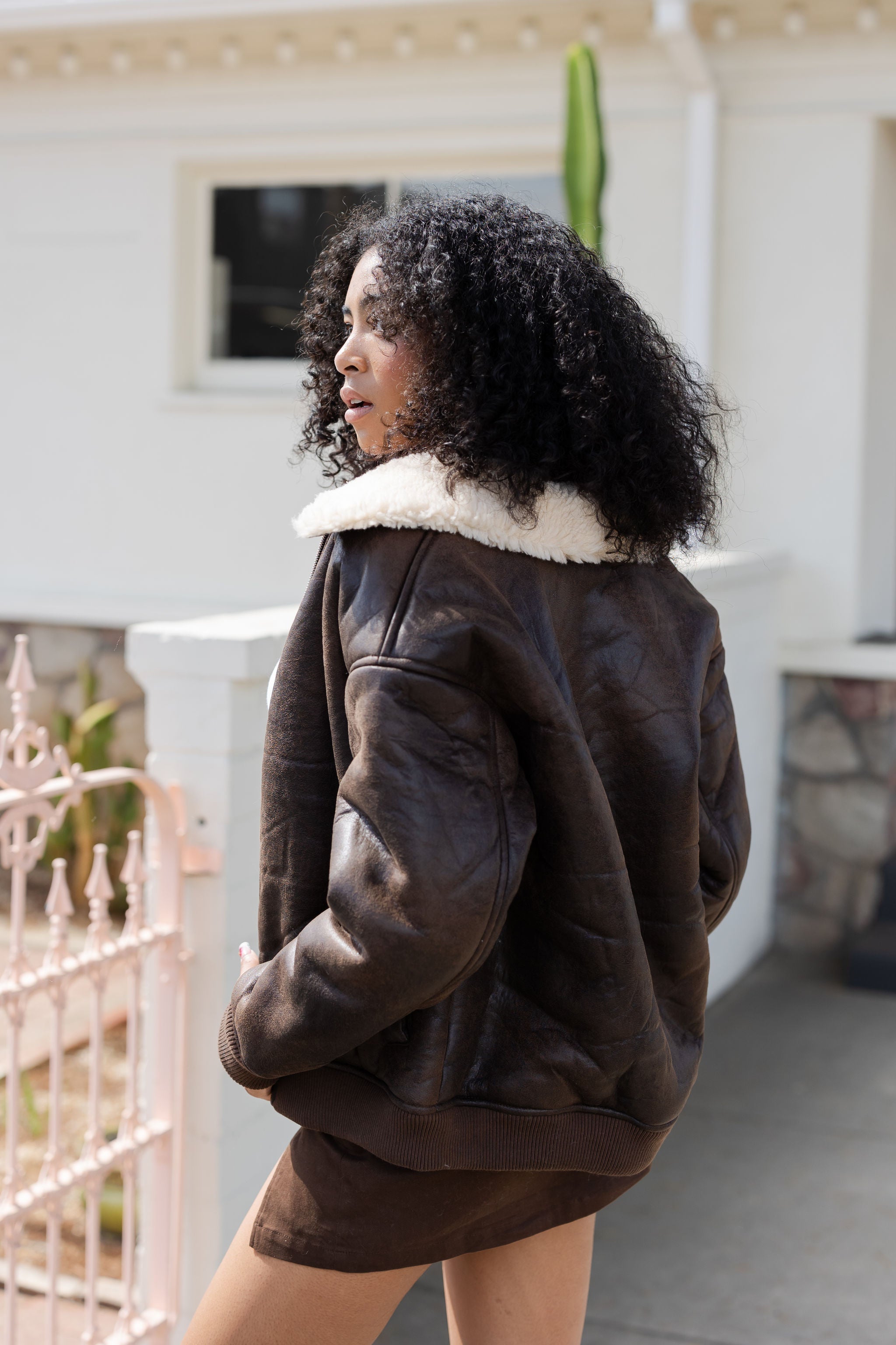 Sherpa Lined Vegan Leather Bomber Jacket