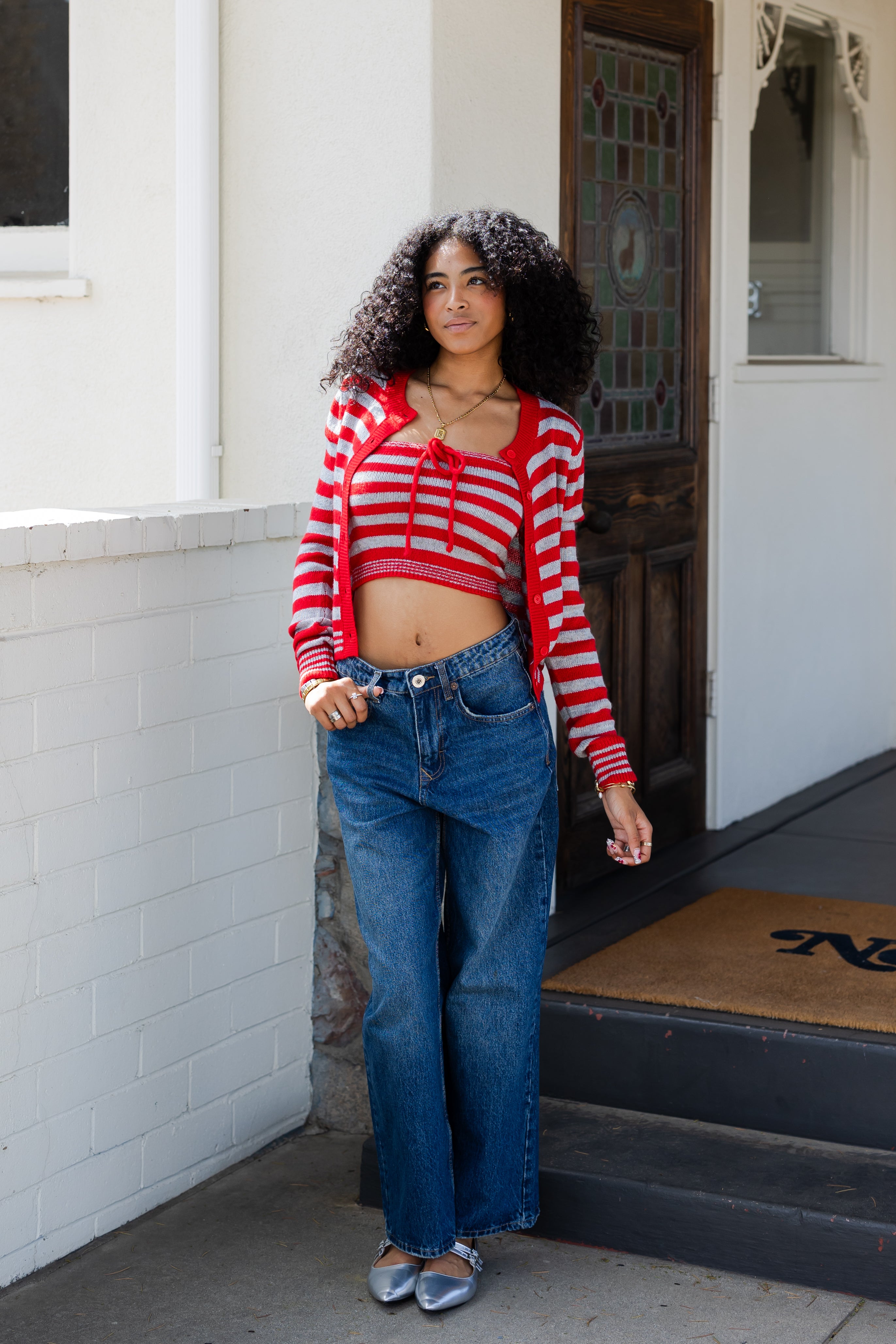 Cherry Embroidered Striped Cardigan