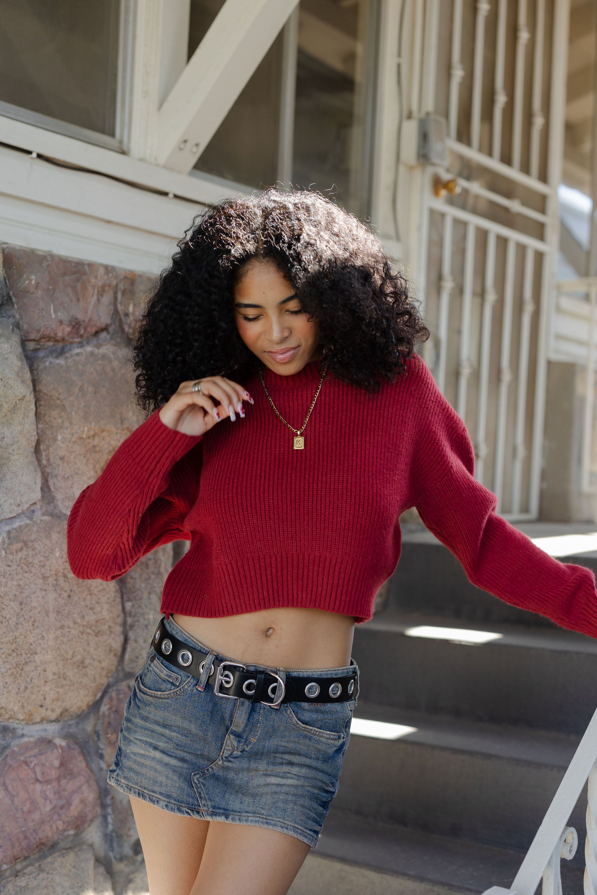 Cropped Crew Neck Knit Sweater