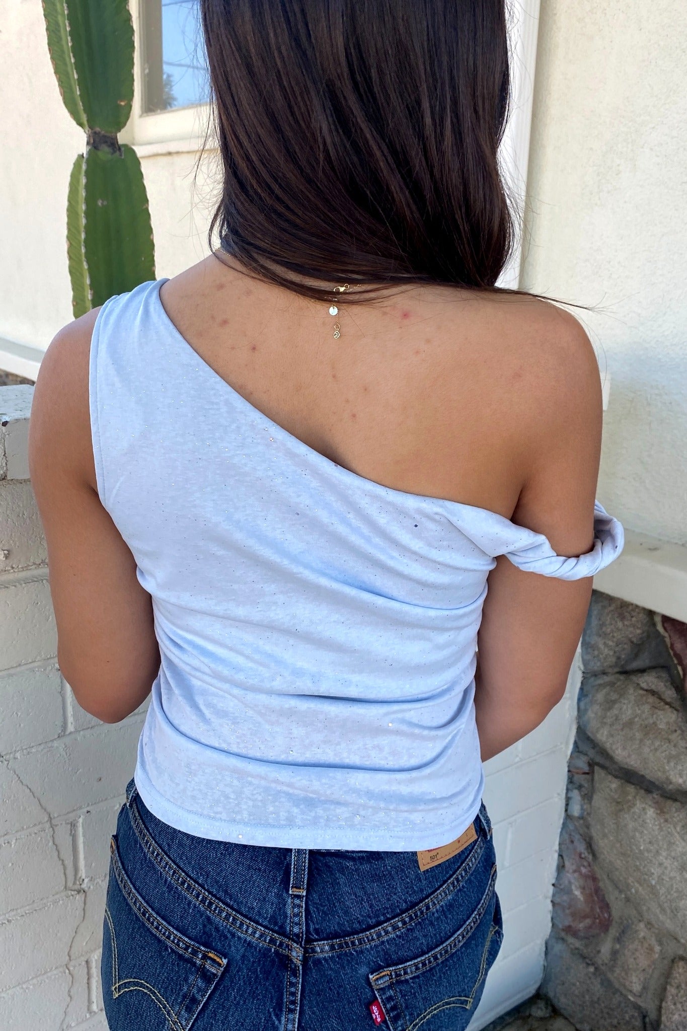 Person wearing a light blue one-shoulder top and blue jeans standing against a stone wall with a cactus in the background.