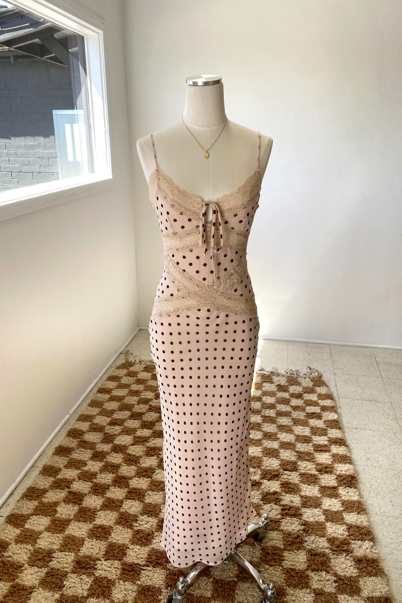 Polka Dot Lace Midi Dress Brown / Small