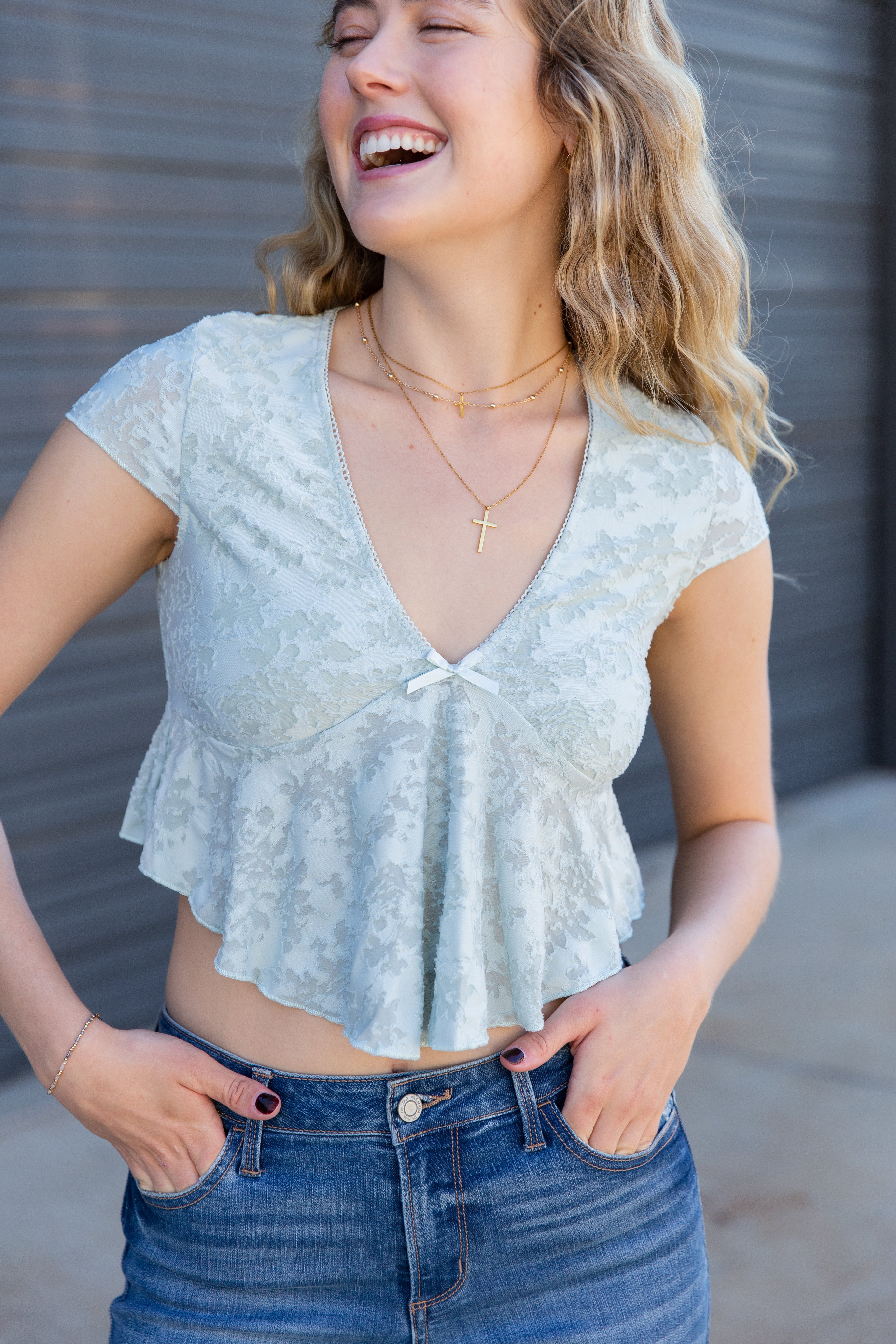 Textured Floral Cap Sleeve Top