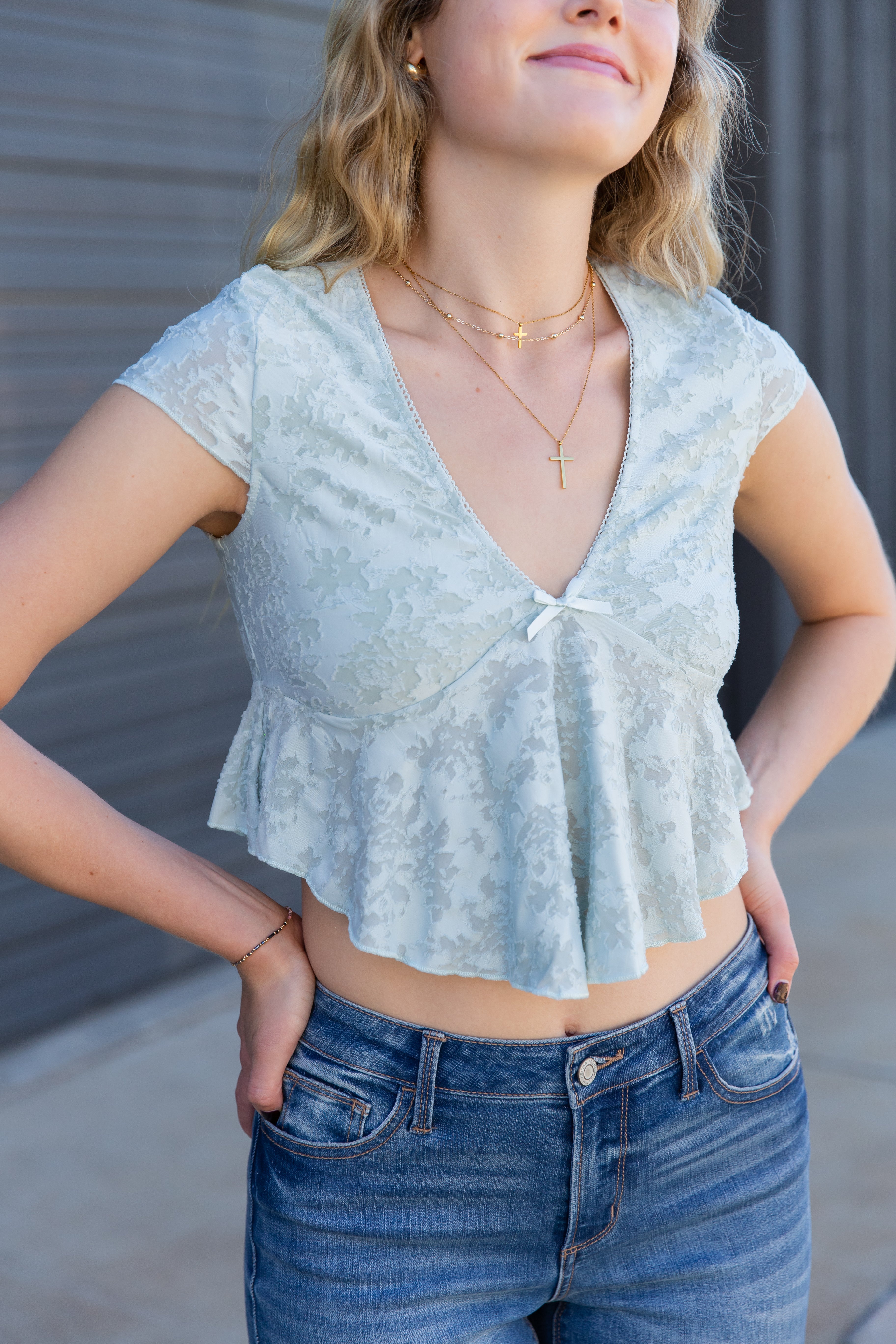 Textured Floral Cap Sleeve Top