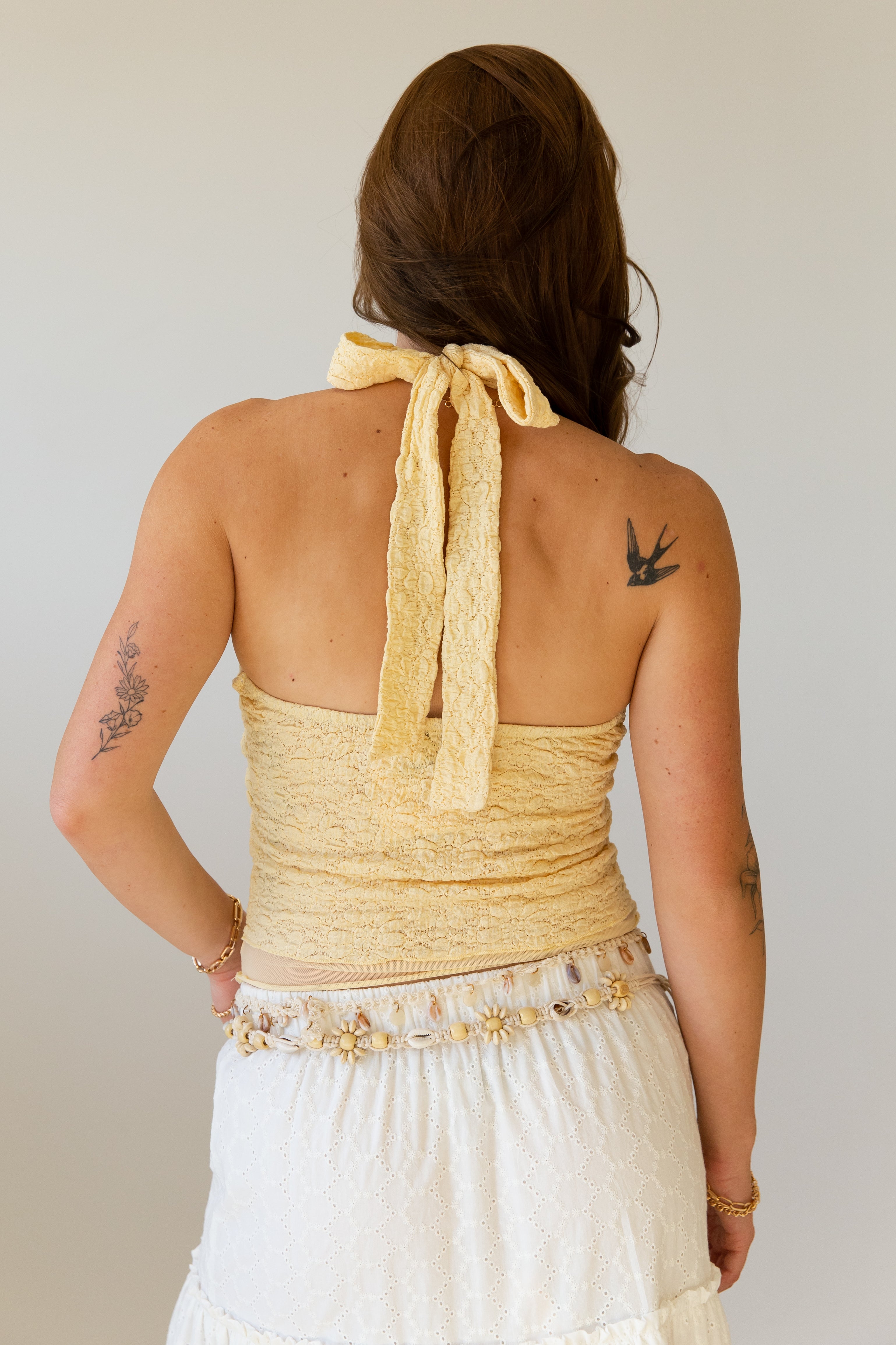 Pucker Floral Halter Tie-Back Top
