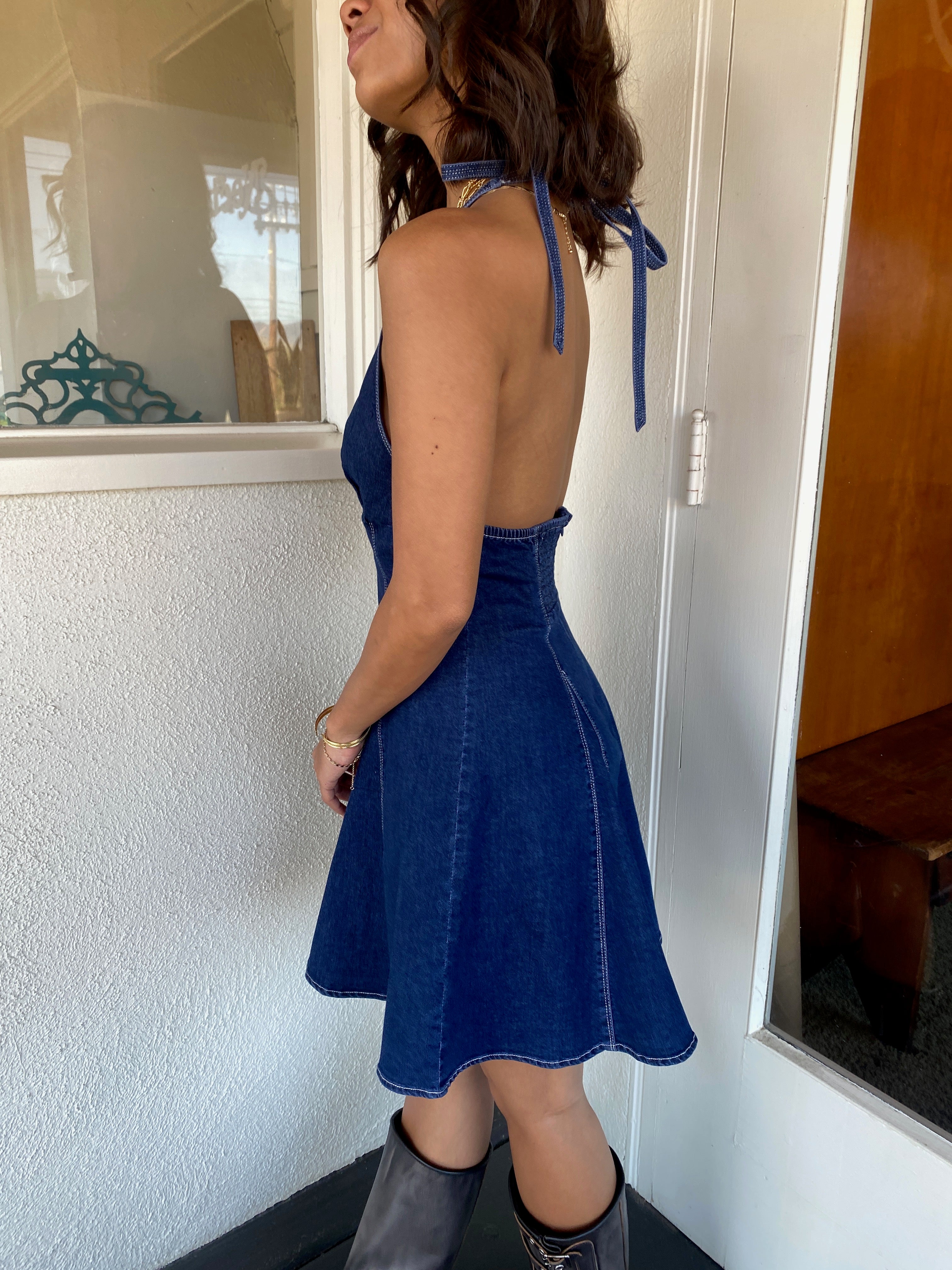 Denim Halter Mini Dress by For Good