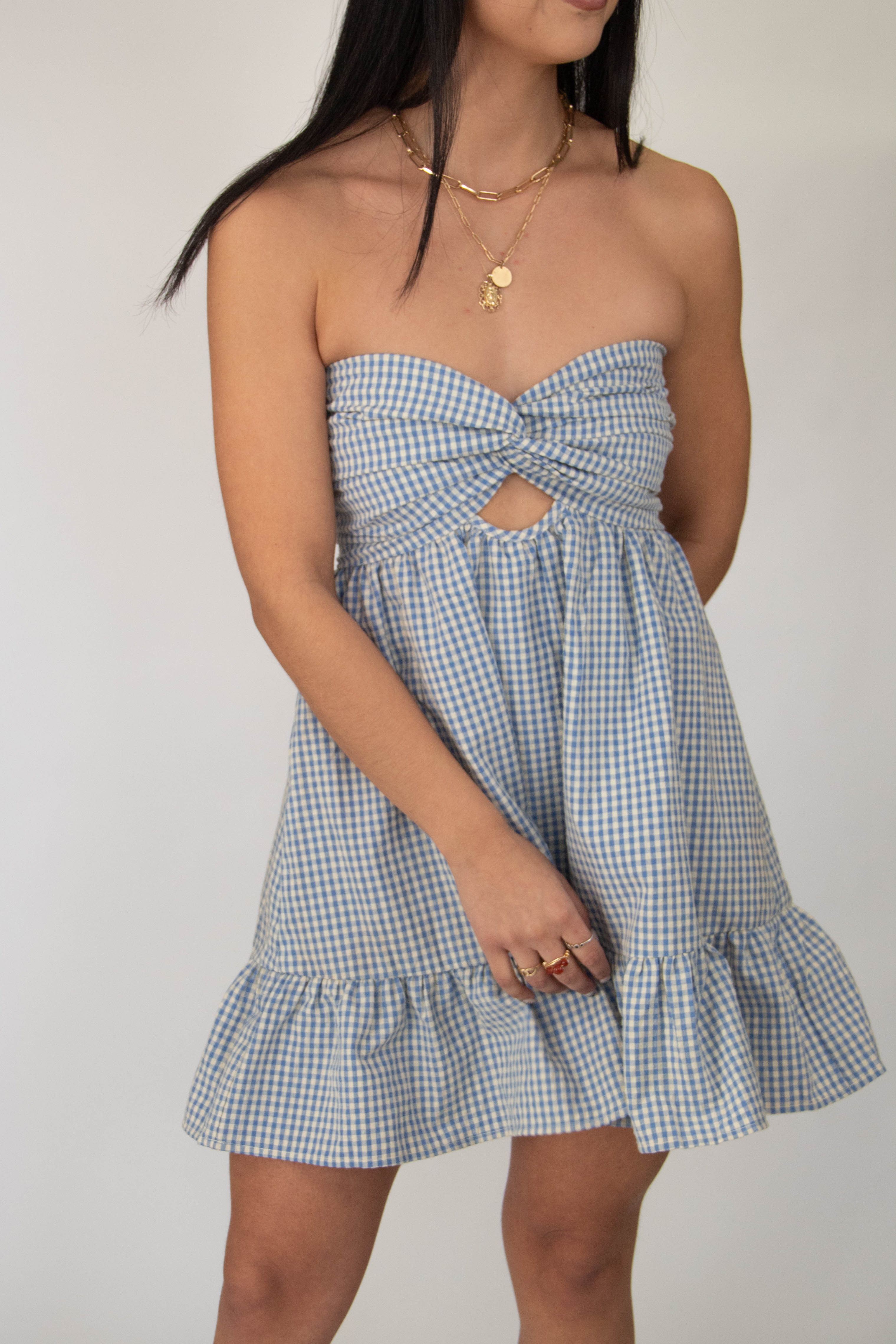 Twist Gingham Mini Tube Dress