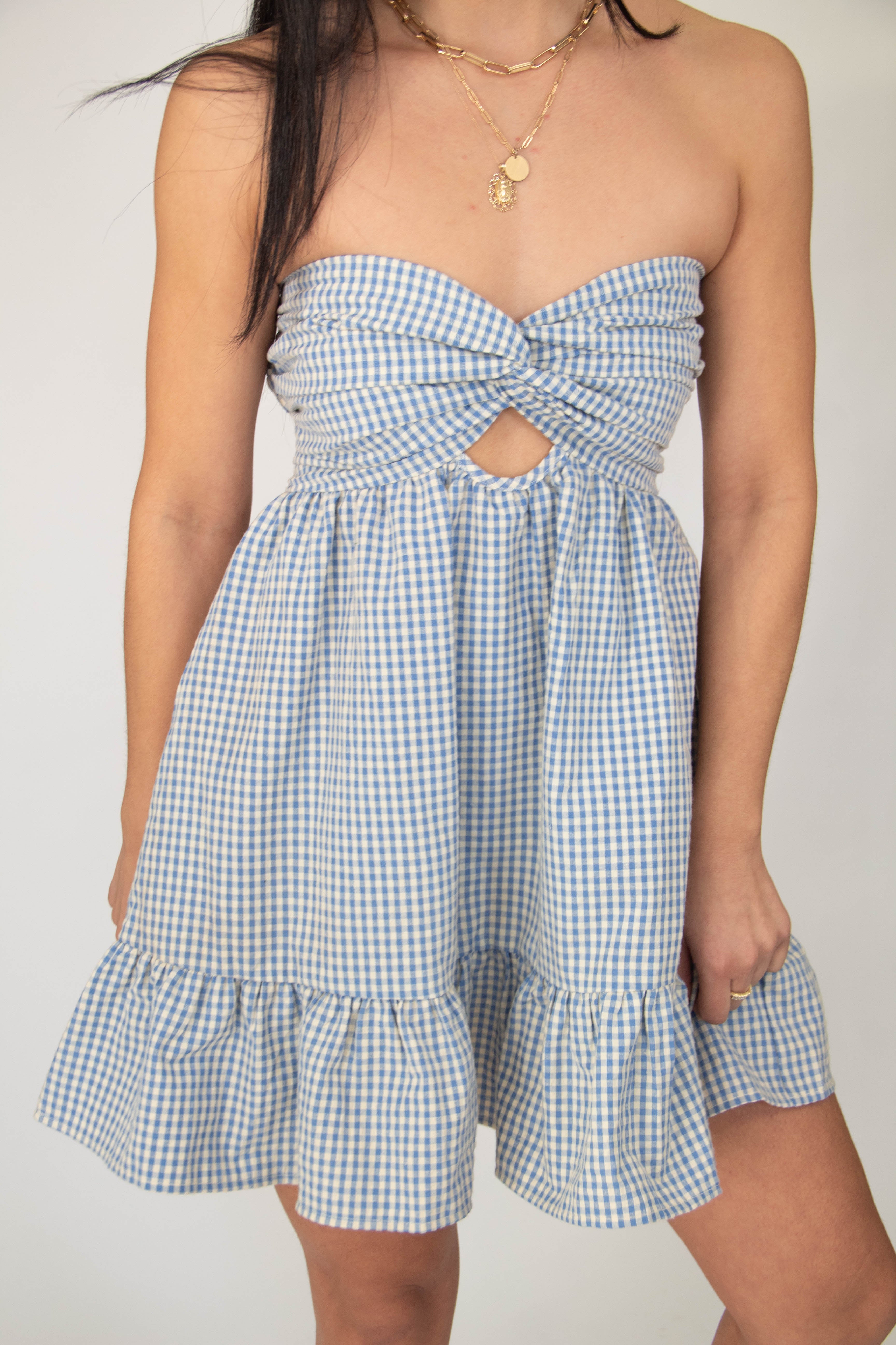 Twist Gingham Mini Tube Dress