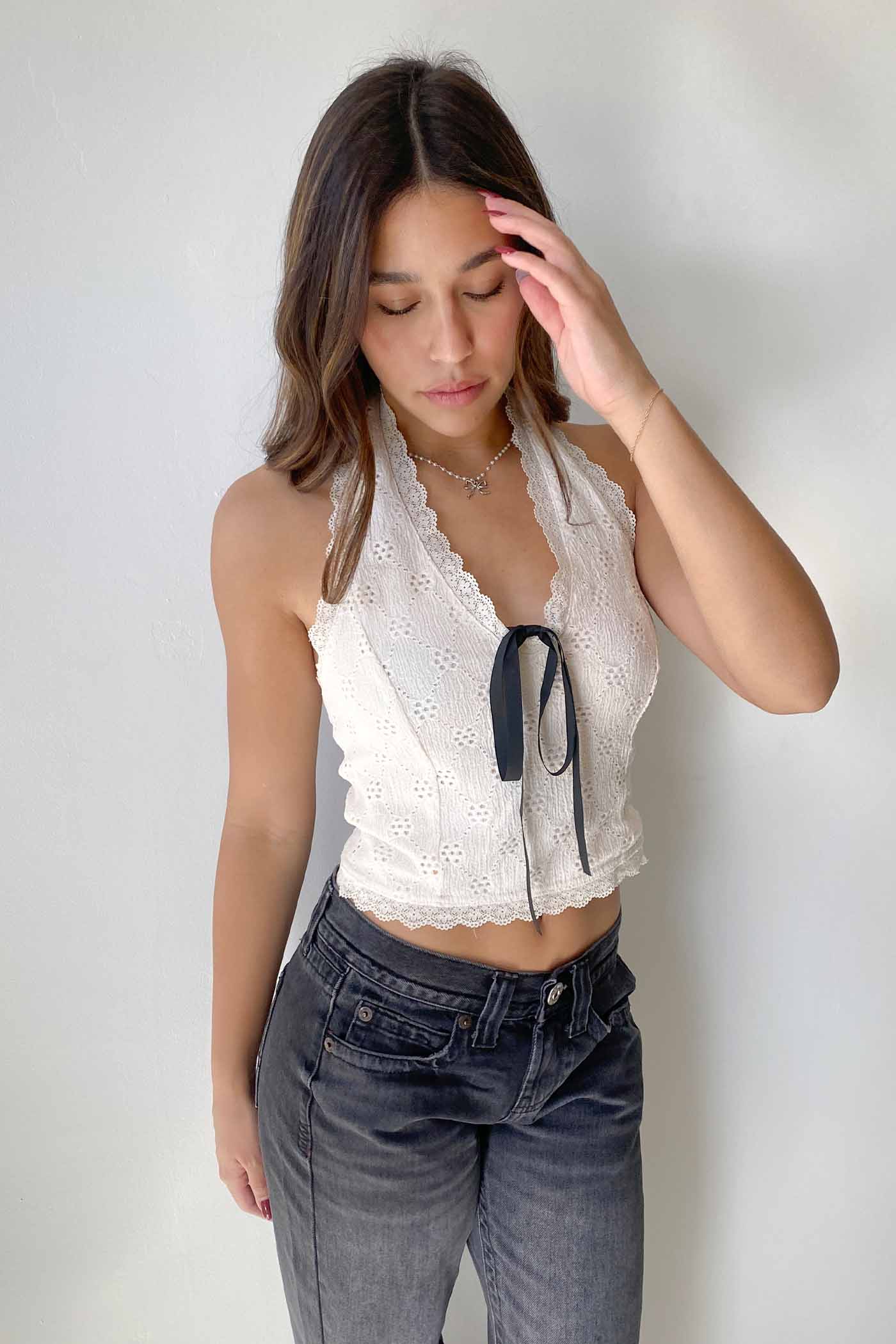 Lace Trim Eyelet Halter Top