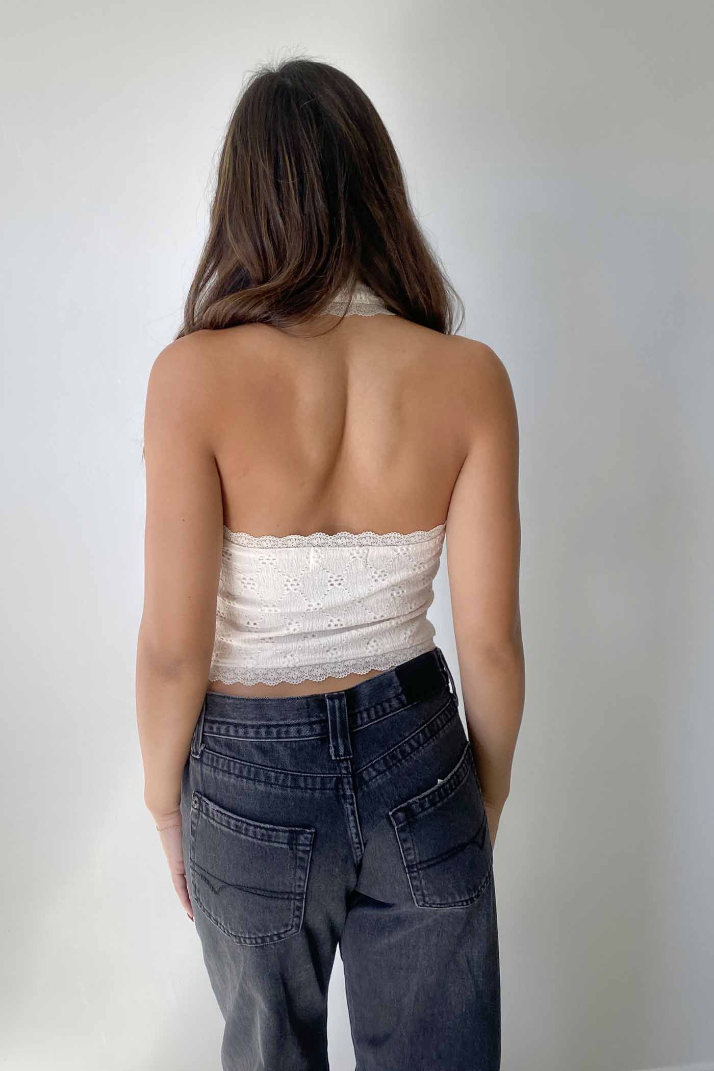 Lace Trim Eyelet Halter Top