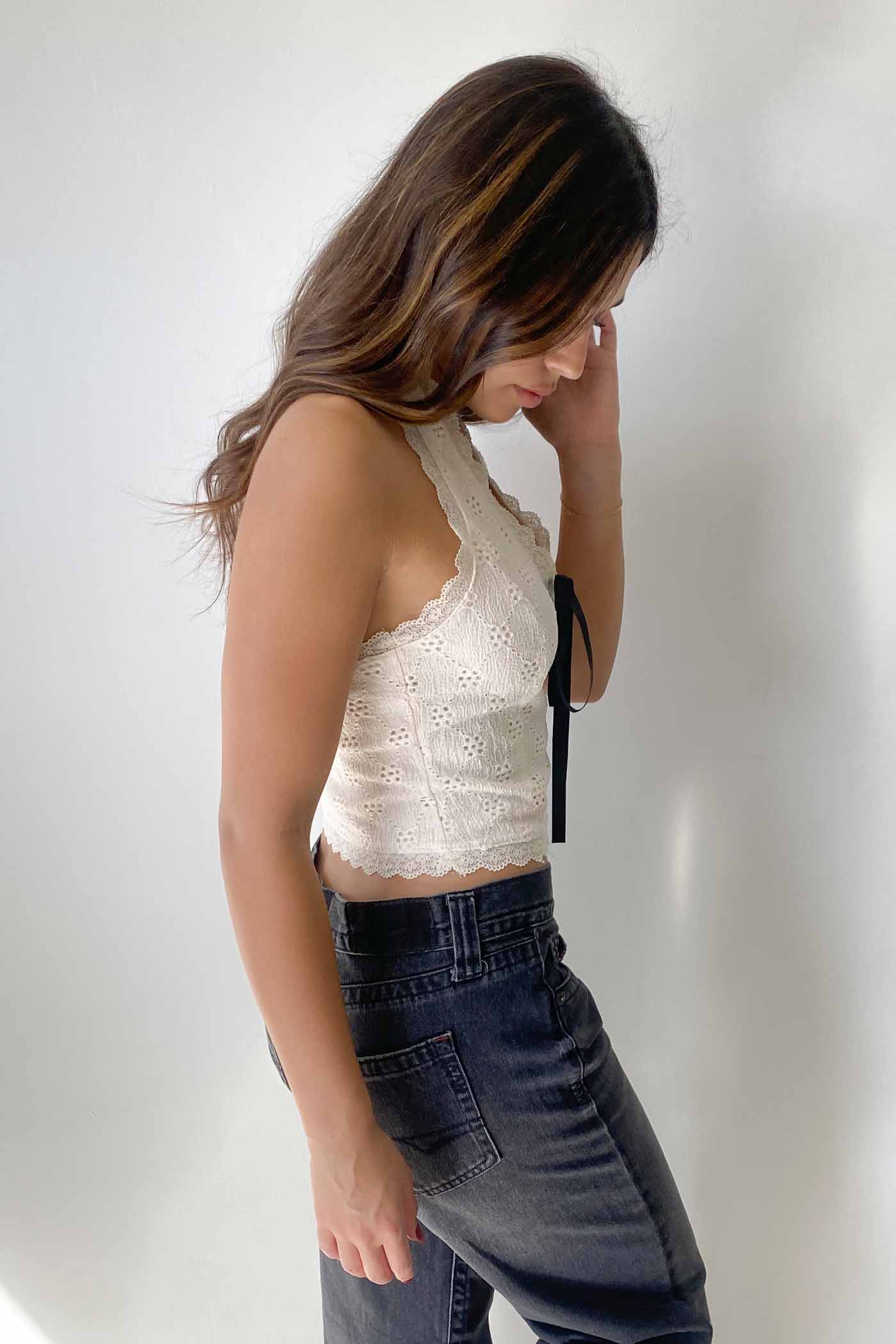 Lace Trim Eyelet Halter Top