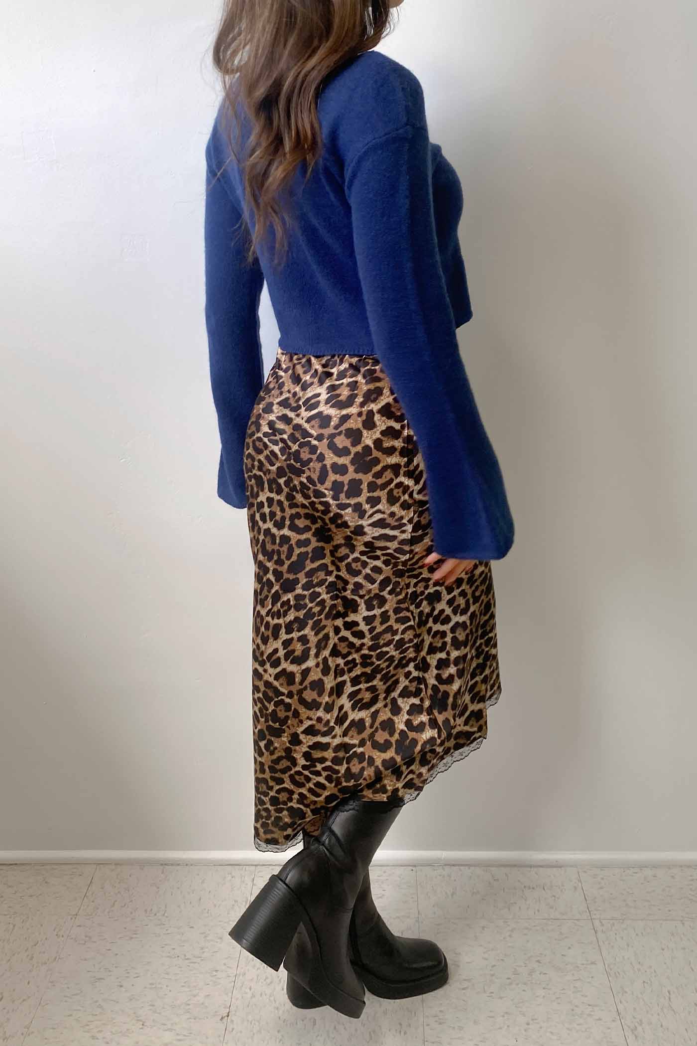 Leopard Print Satin Midi Skirt