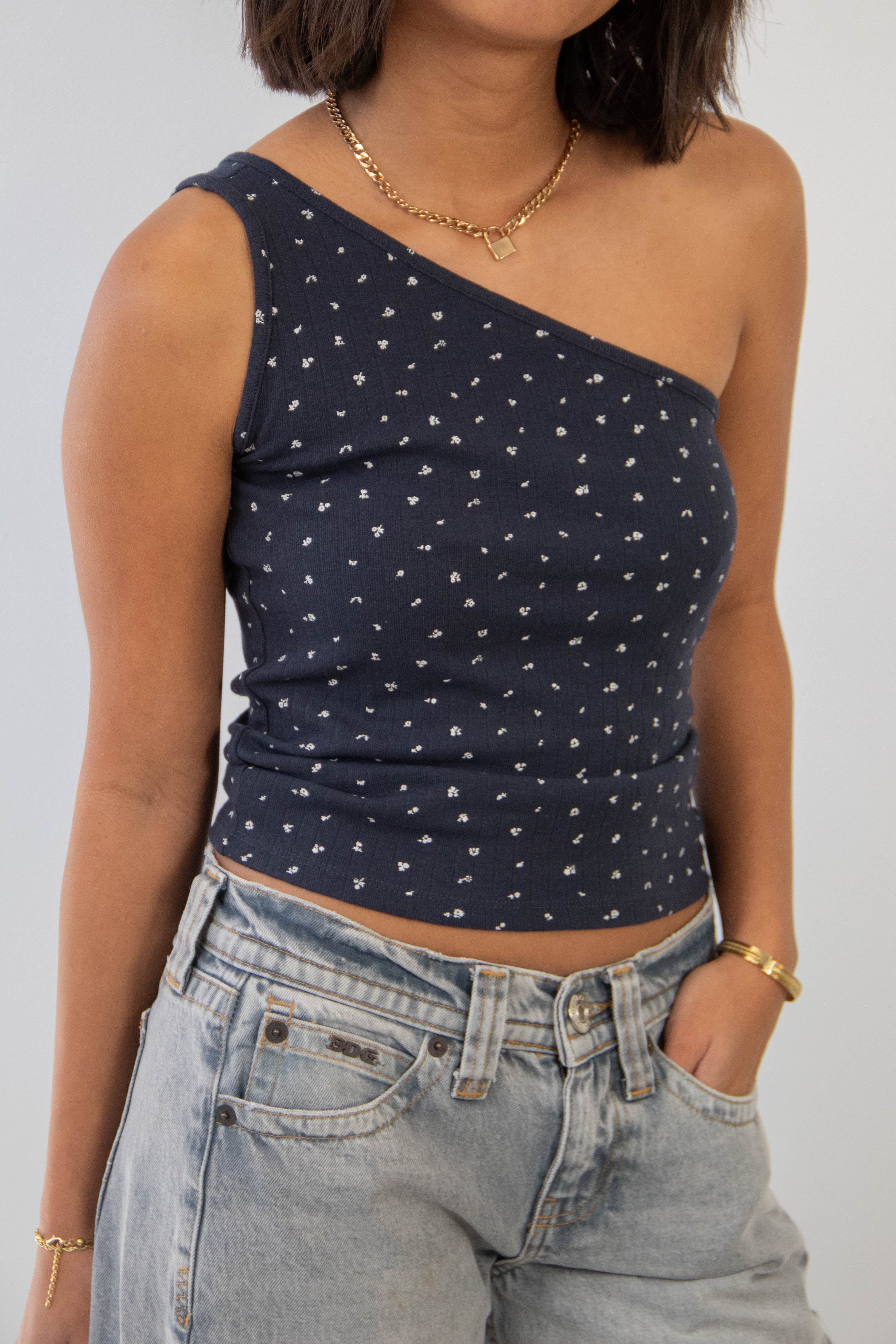 Ditsy Pointelle One Shoulder Top