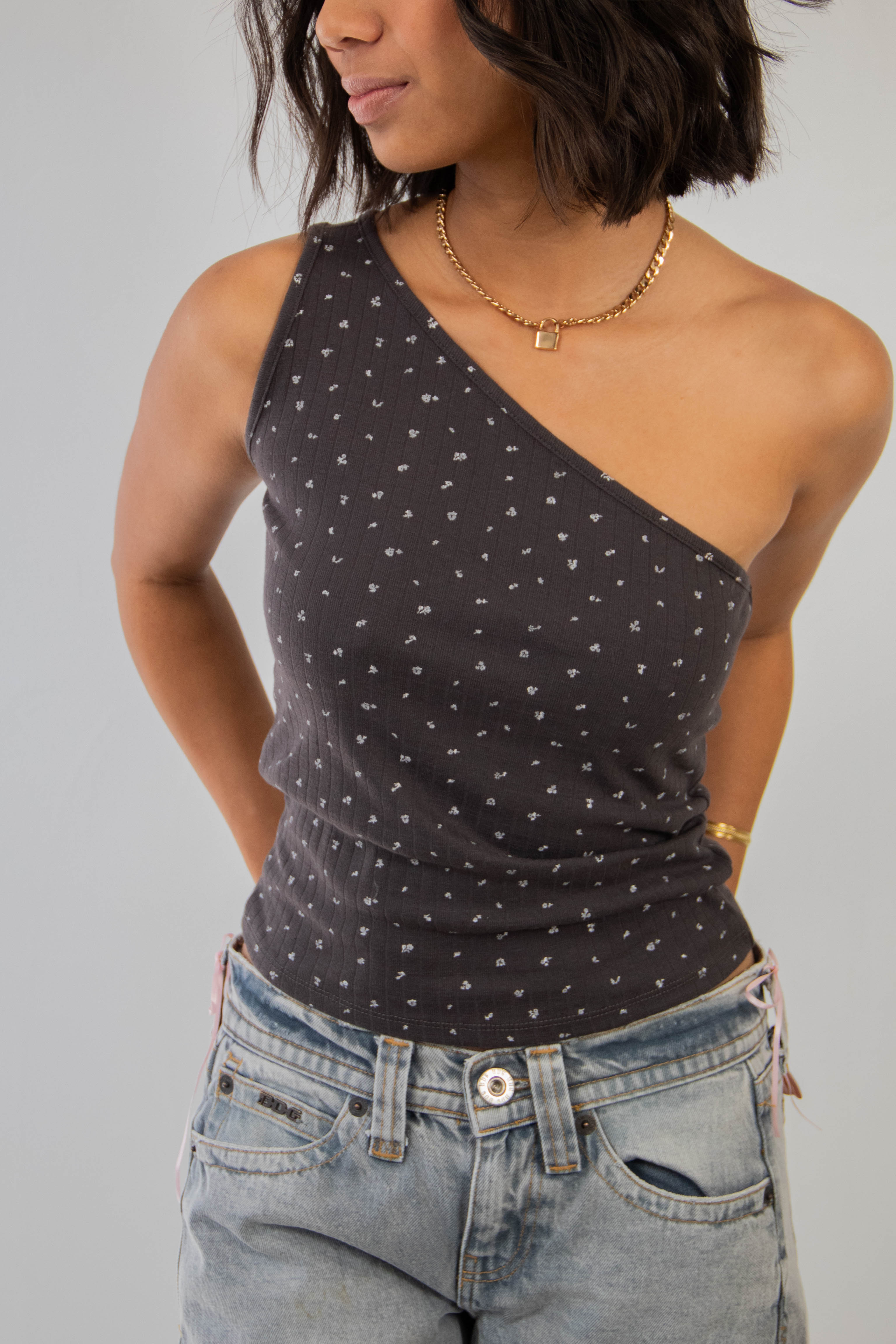 Ditsy Pointelle One Shoulder Top