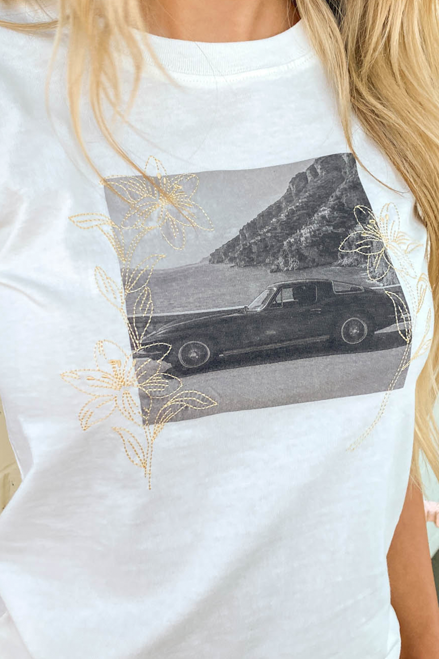 Embroidered Euro Car Long Loose Graphic Baby Tee