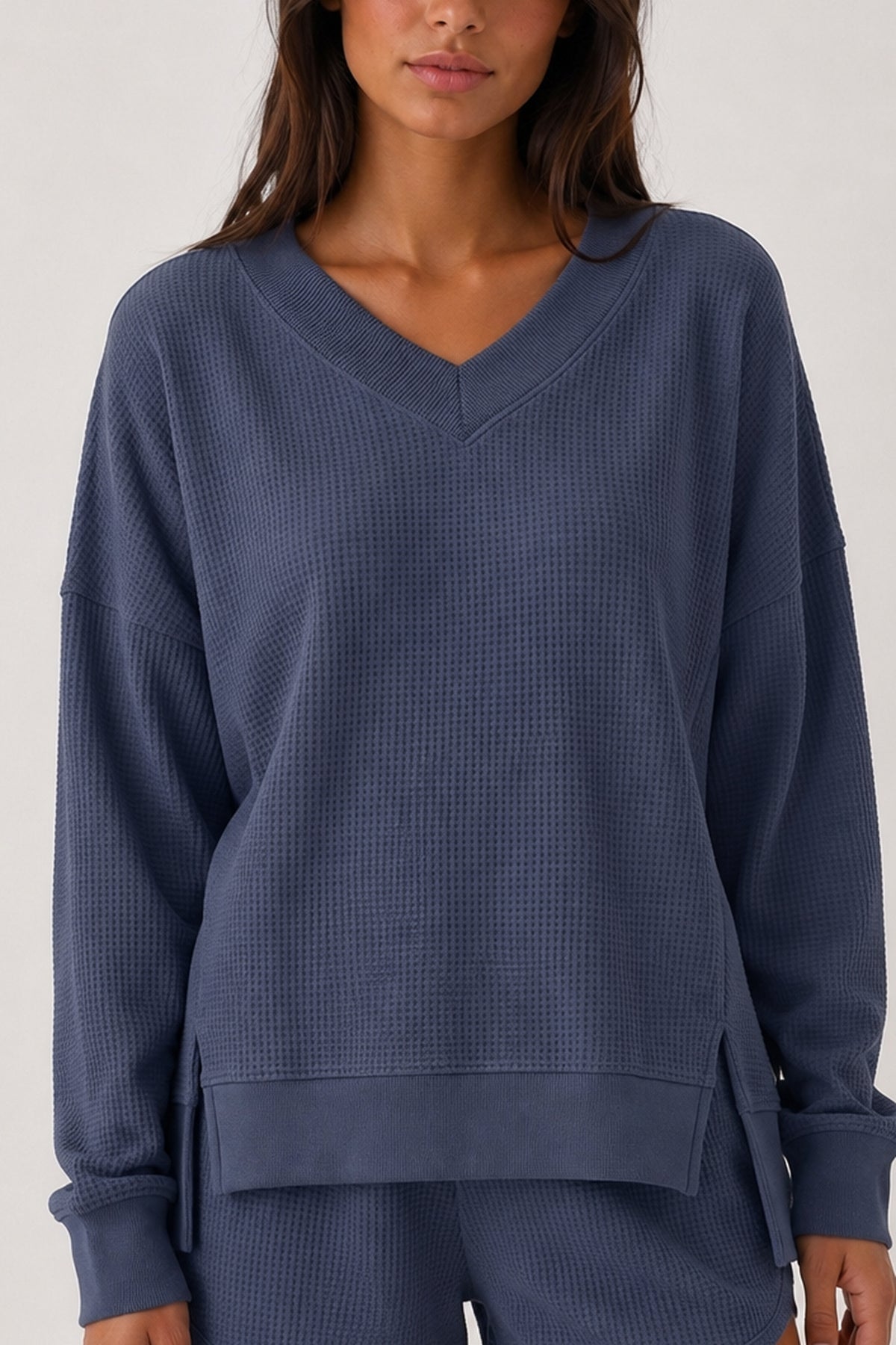 Waffle Knit V-Neck Top