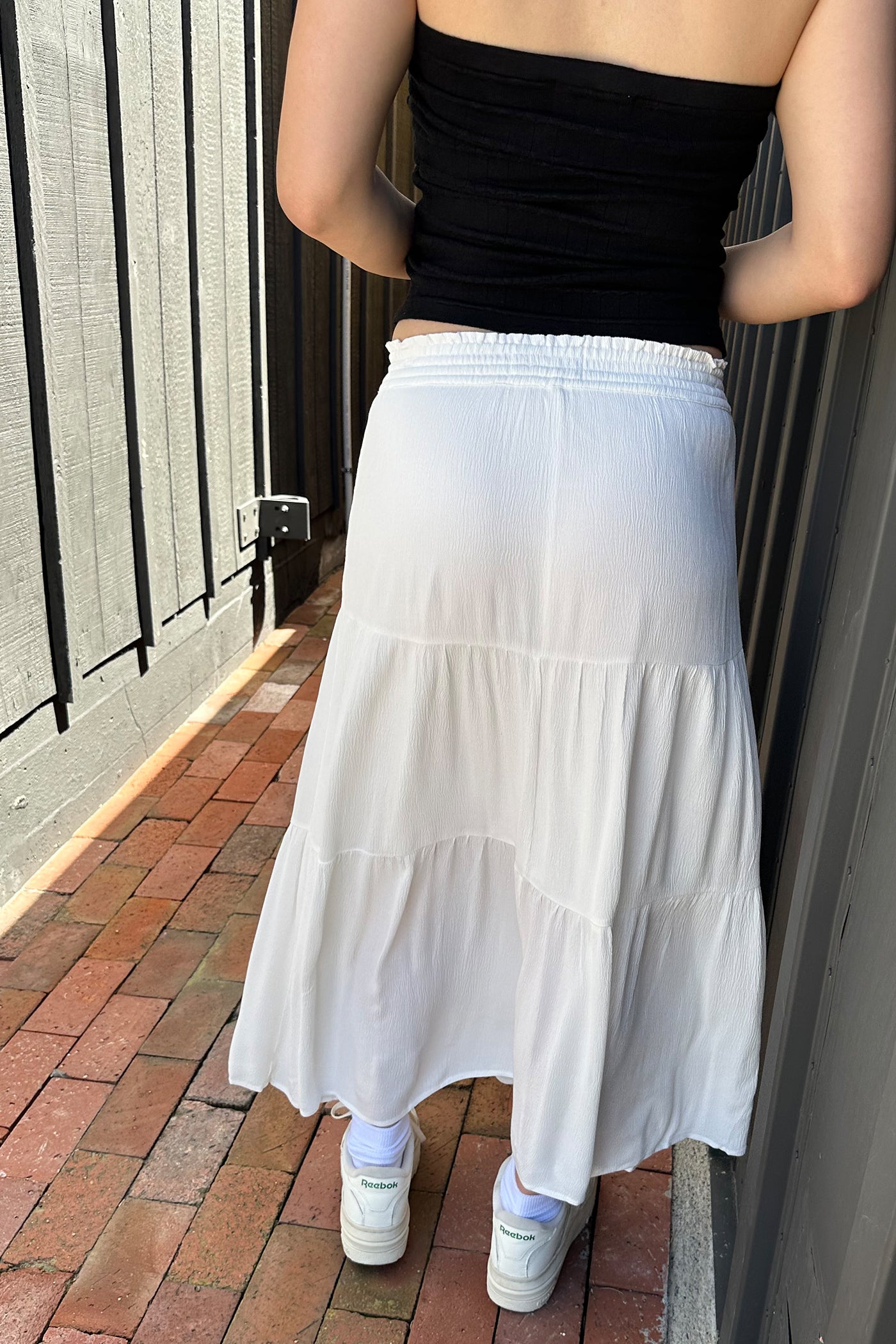 White Tiered Midi Skirt