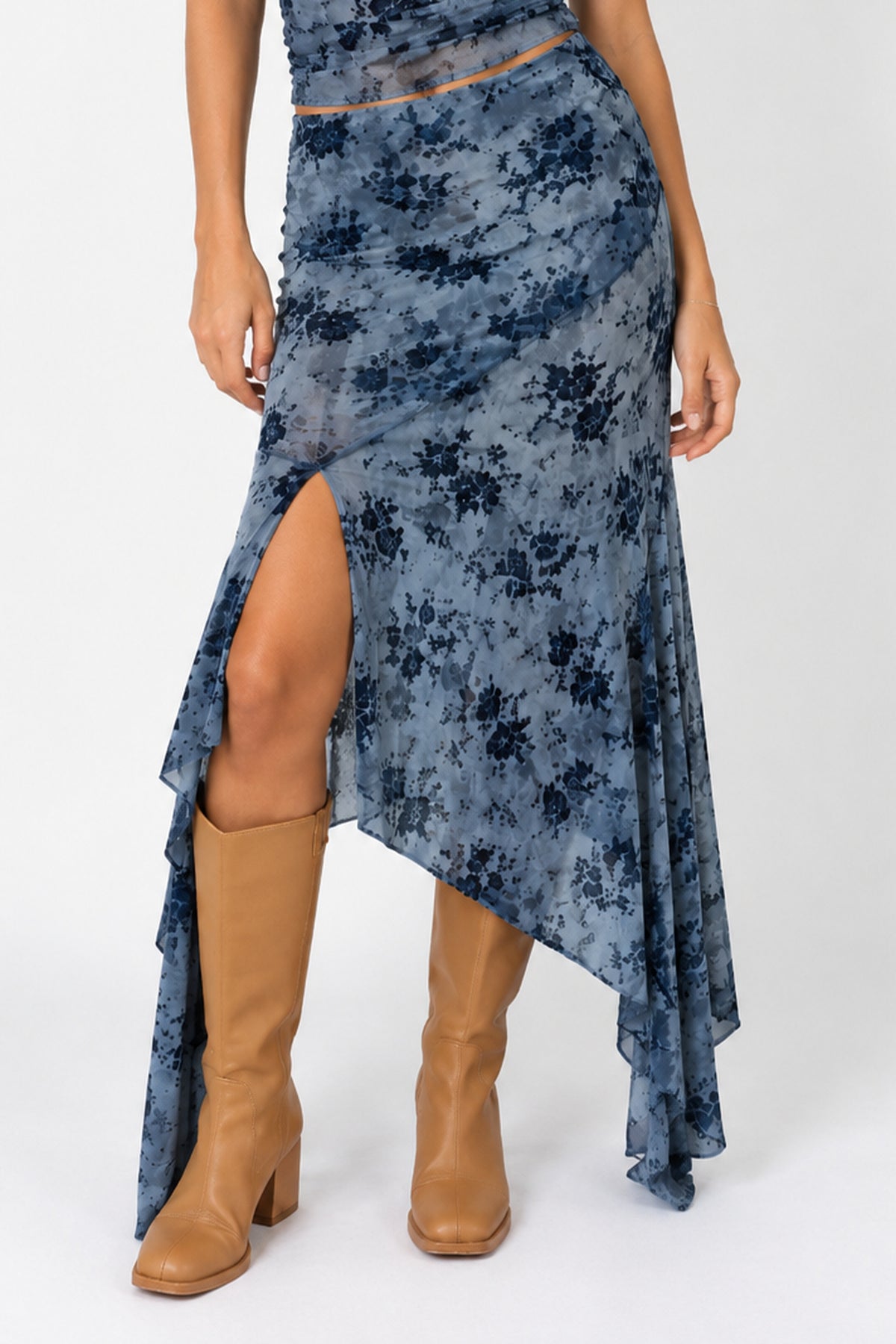 Floral Mesh Asymmetrical Maxi Skirt