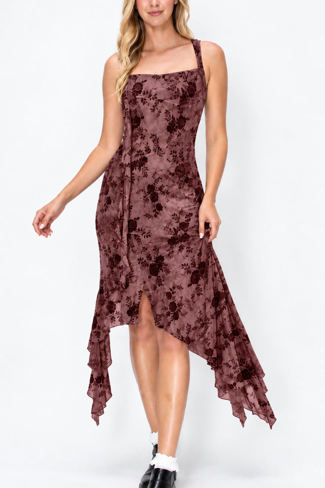 Floral Flocked Handkerchief Dress