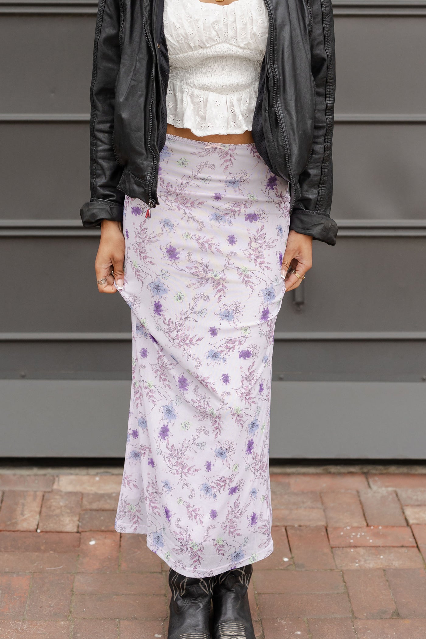 Purple Floral Mesh Maxi Skirt