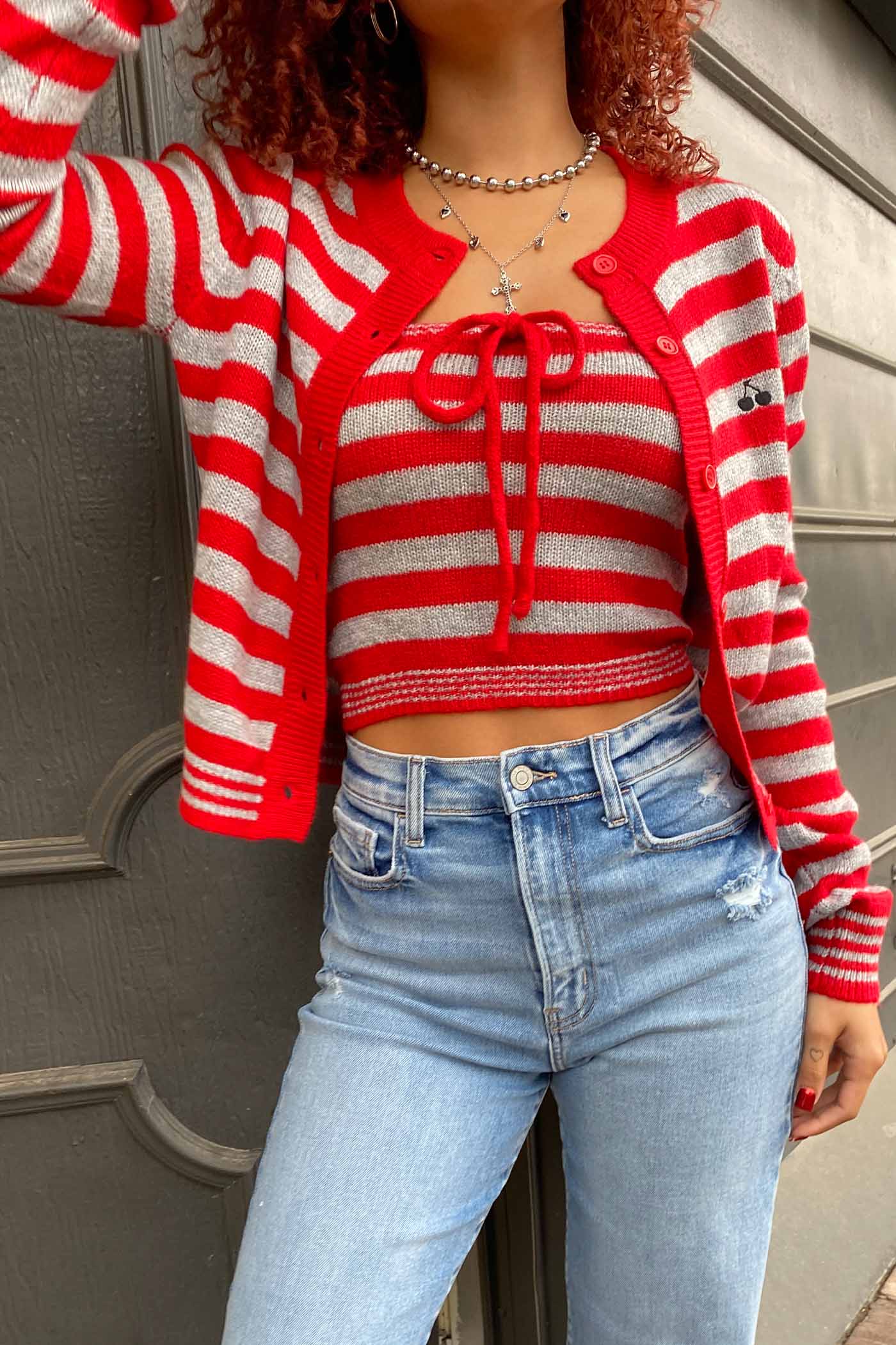 Cherry Embroidered Striped Cardigan