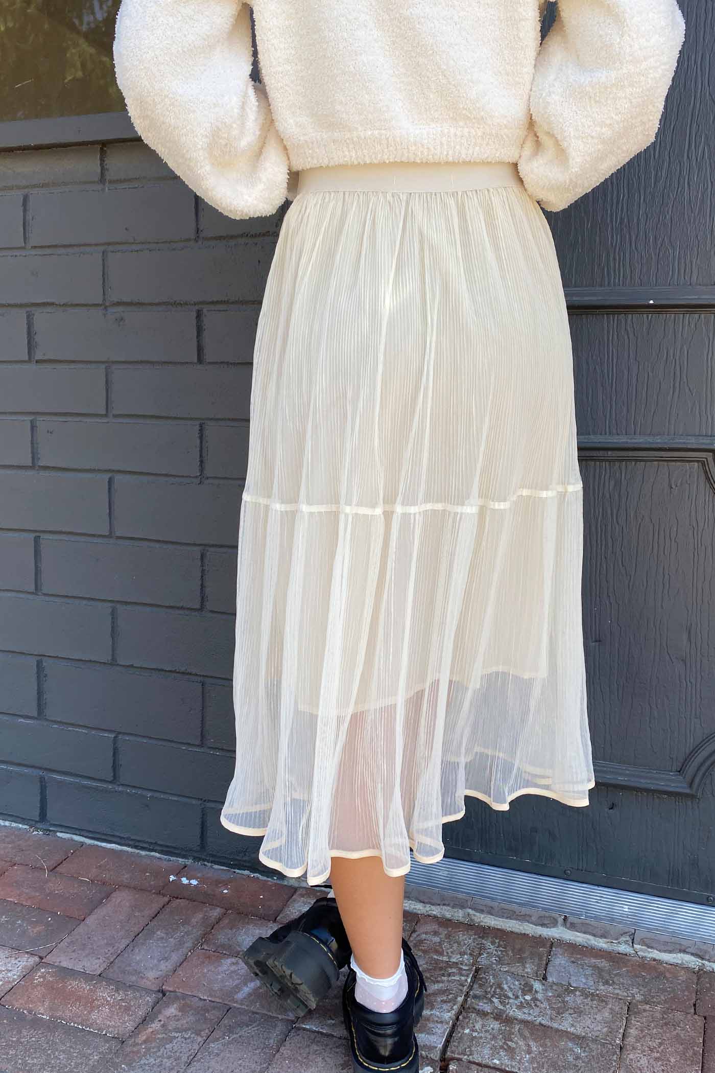 Sheer Pleated Mesh Midi Skirt