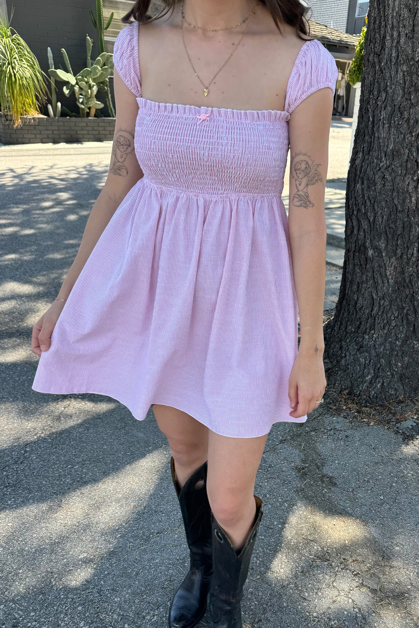 Baby Pink Striped OTS Mini Dress