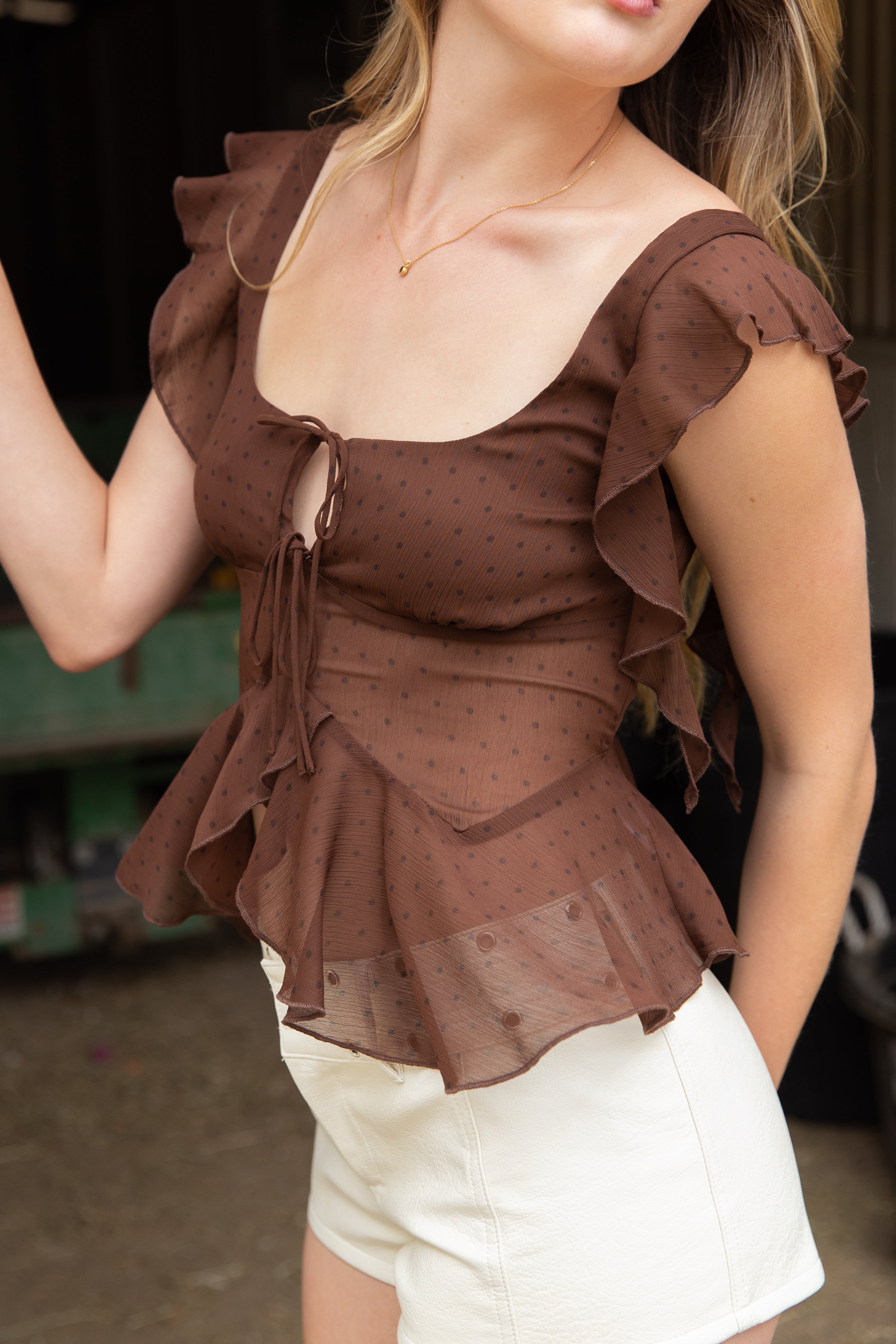 Ruffle Open Front Tie Top