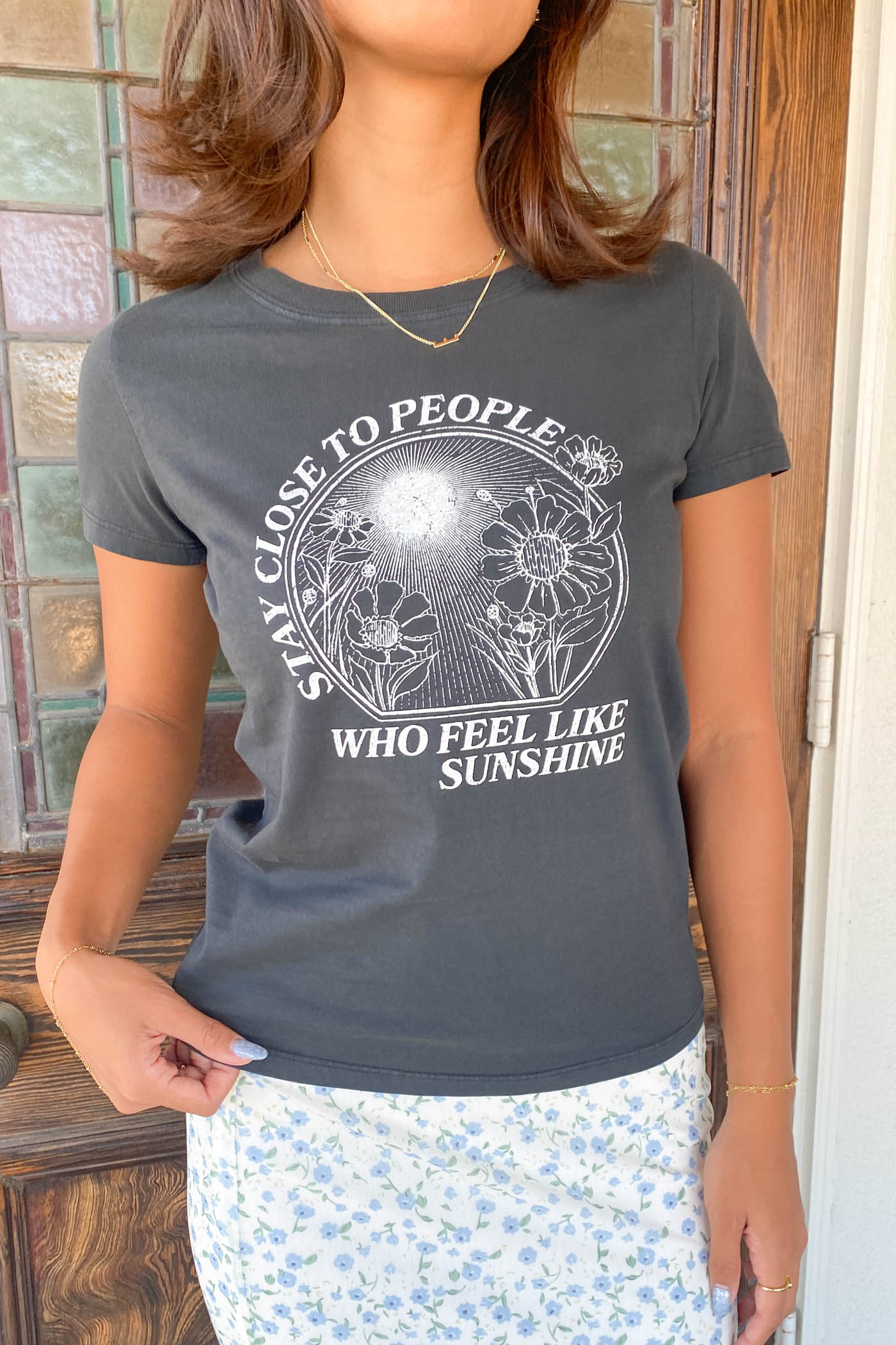 Stay Close Long Line Graphic Baby Tee