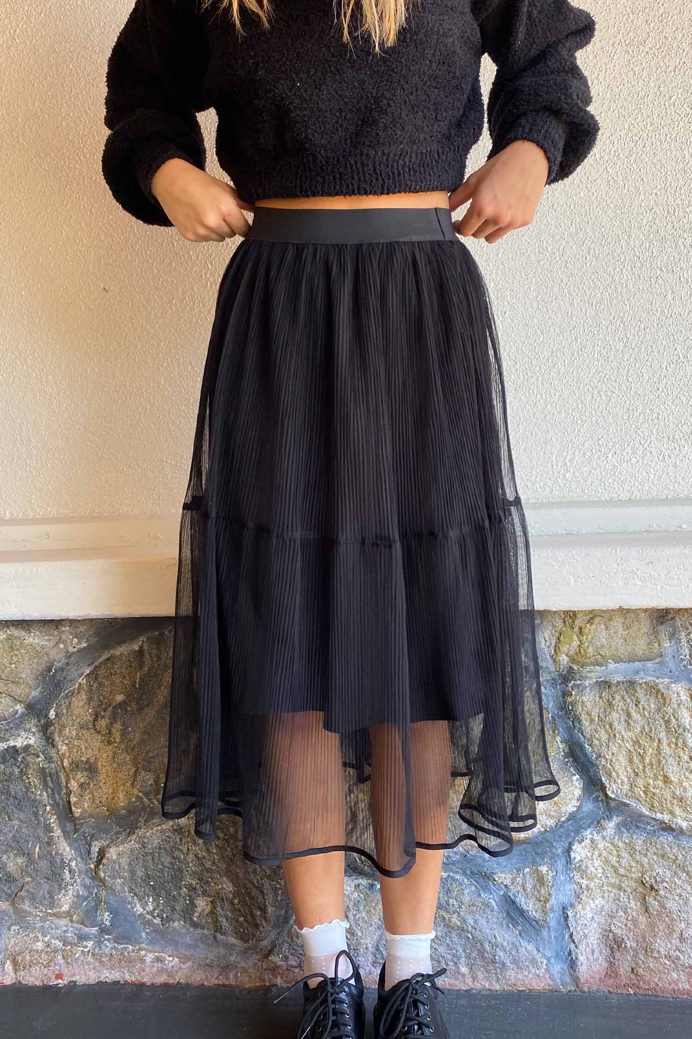 Sheer Pleated Mesh Midi Skirt