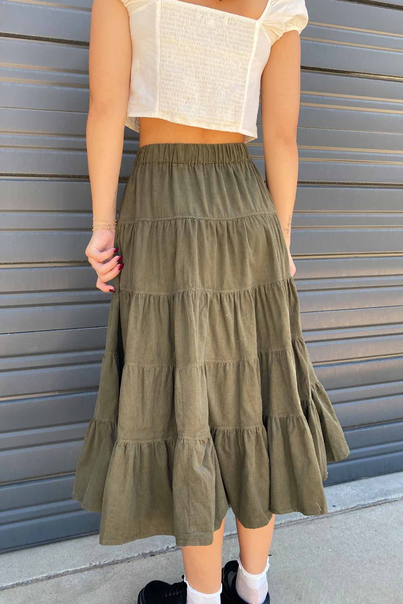 Tiered Corduroy Midi Skirt