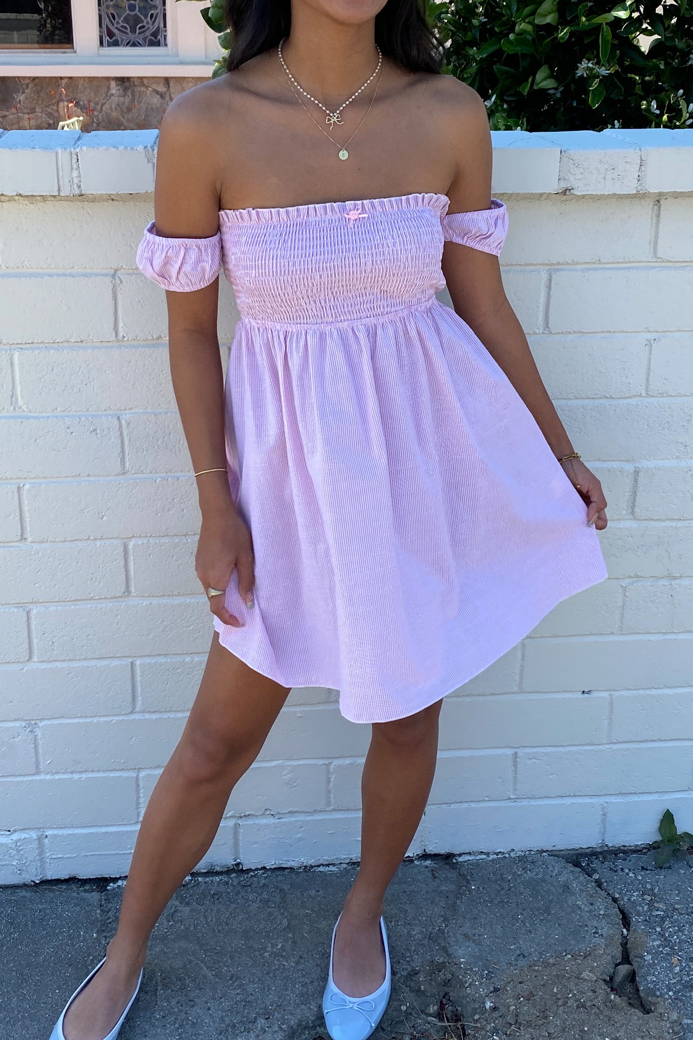 Baby Pink Striped OTS Mini Dress