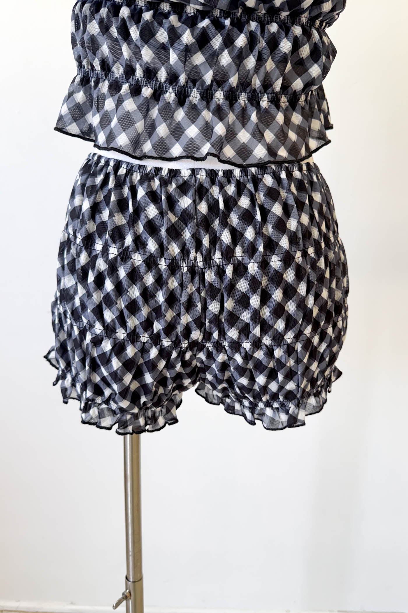 Black Mesh Checkered Ruffle Shorts