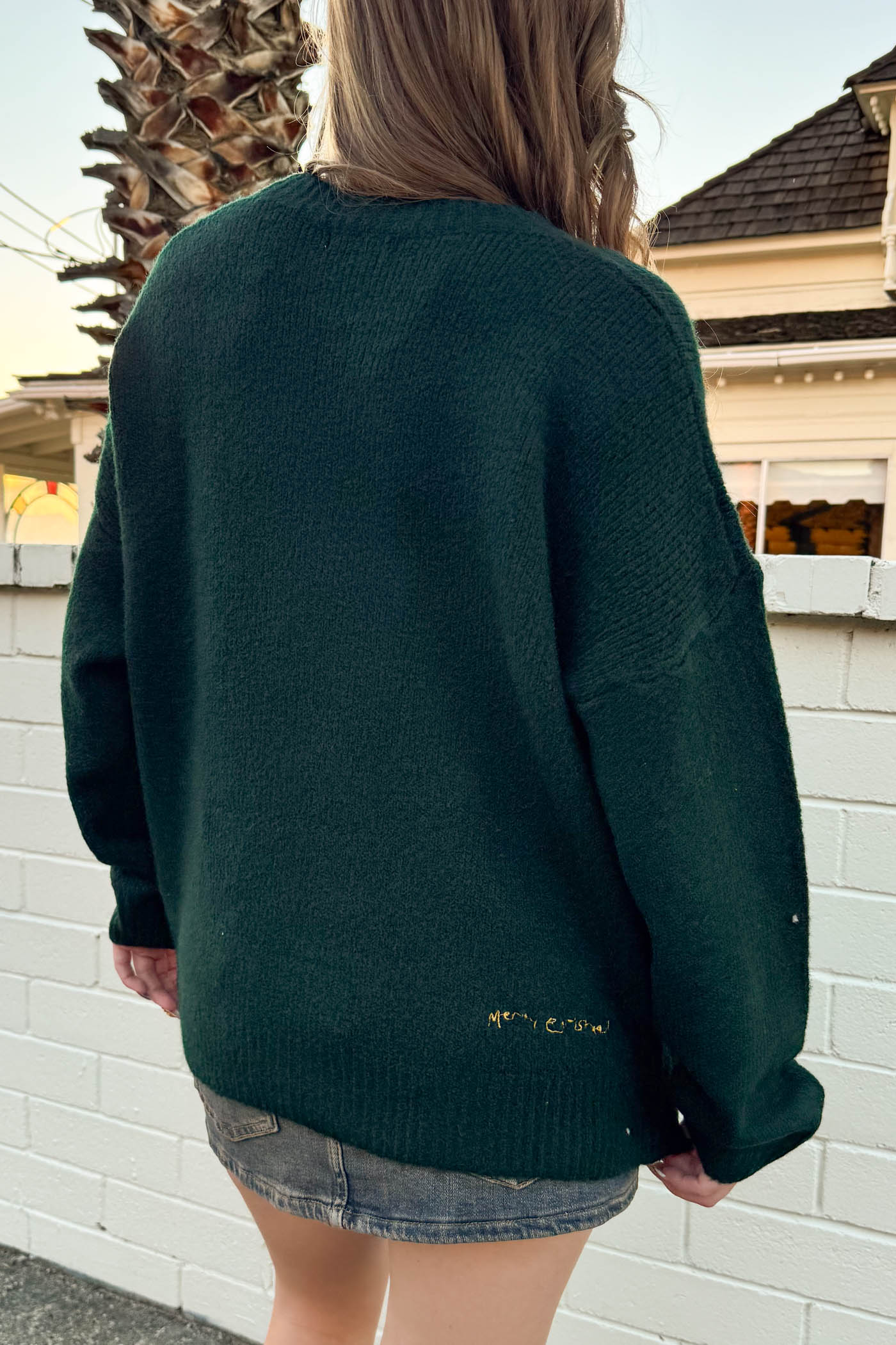 Person wearing a dark green sweater with a brand logo, standing in front of a white brick wall.