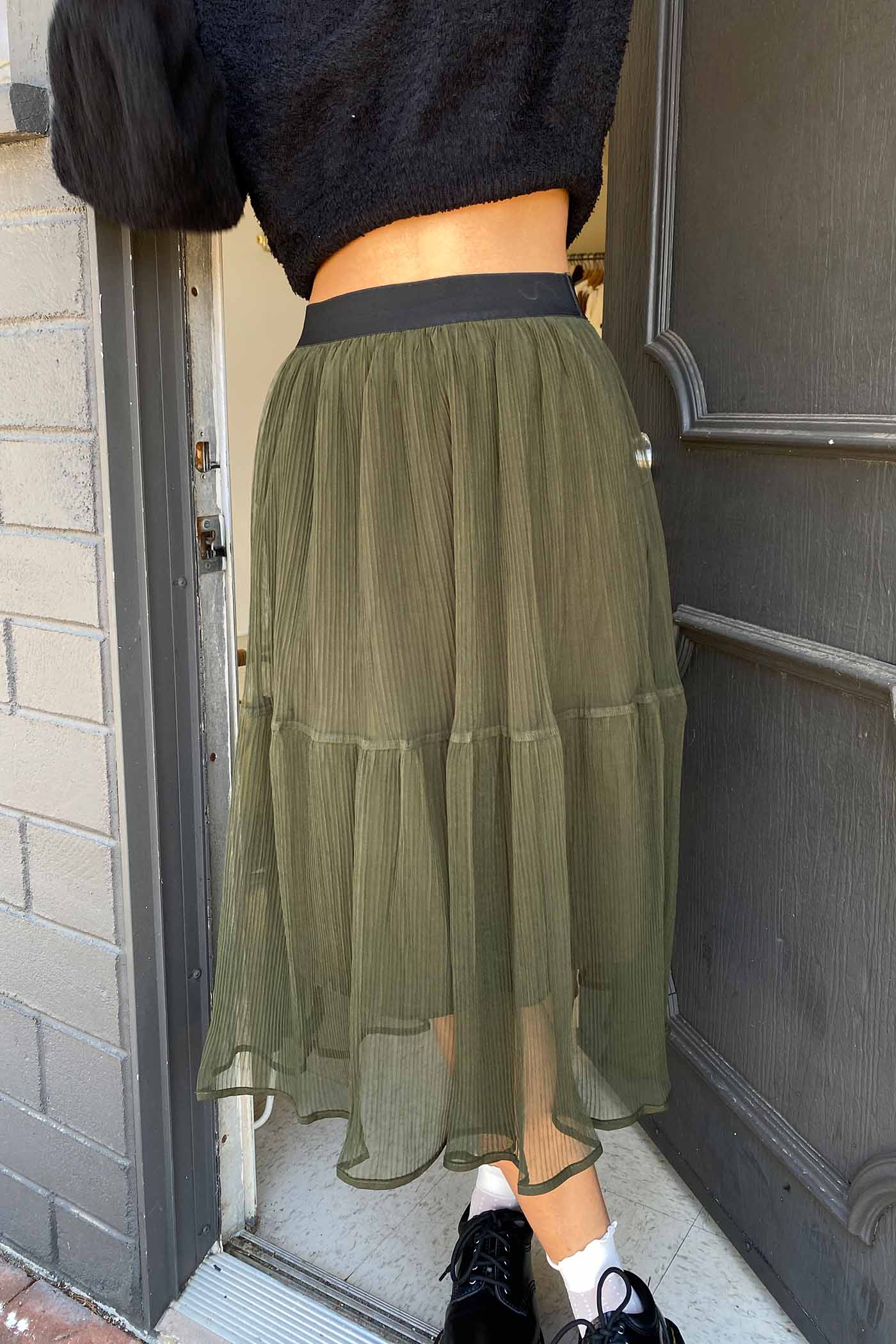 Sheer Pleated Mesh Midi Skirt