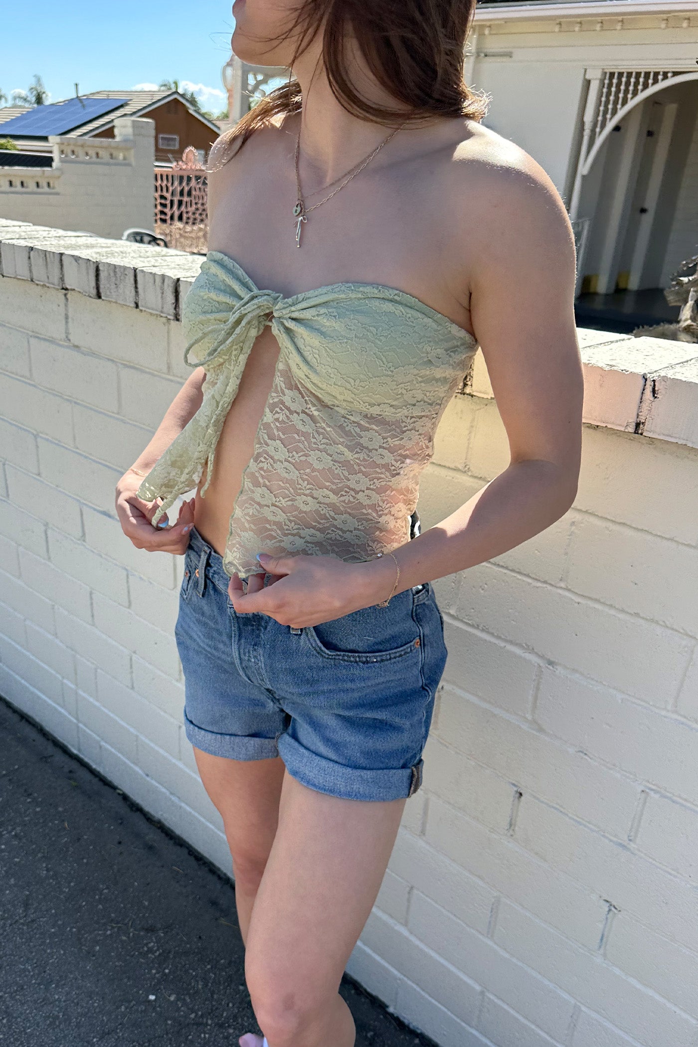 Sage Strapless Sheer Lace Top