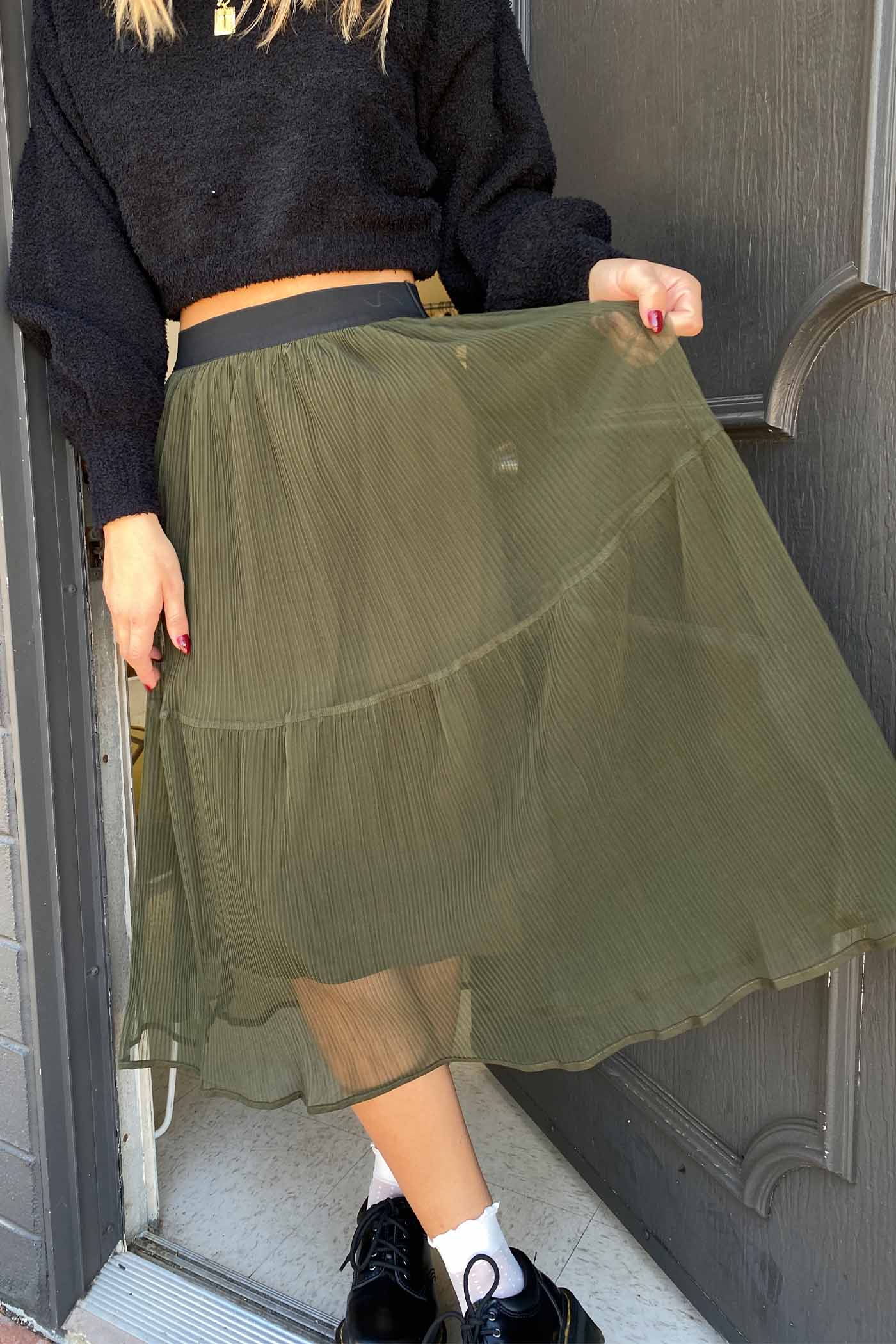 Sheer Pleated Mesh Midi Skirt