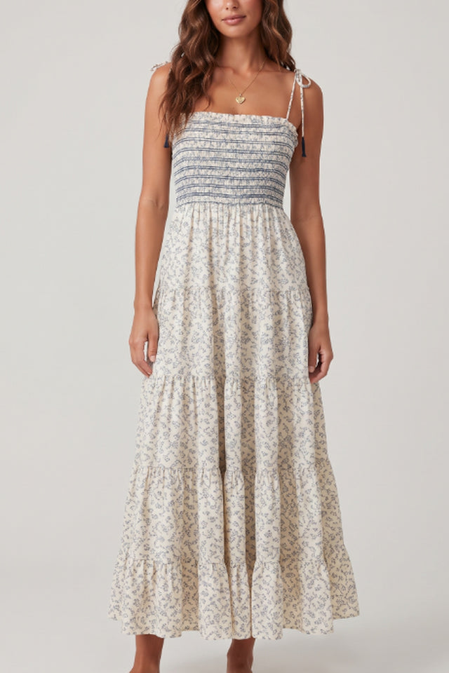 Smocked Tie Strap Midi Dress